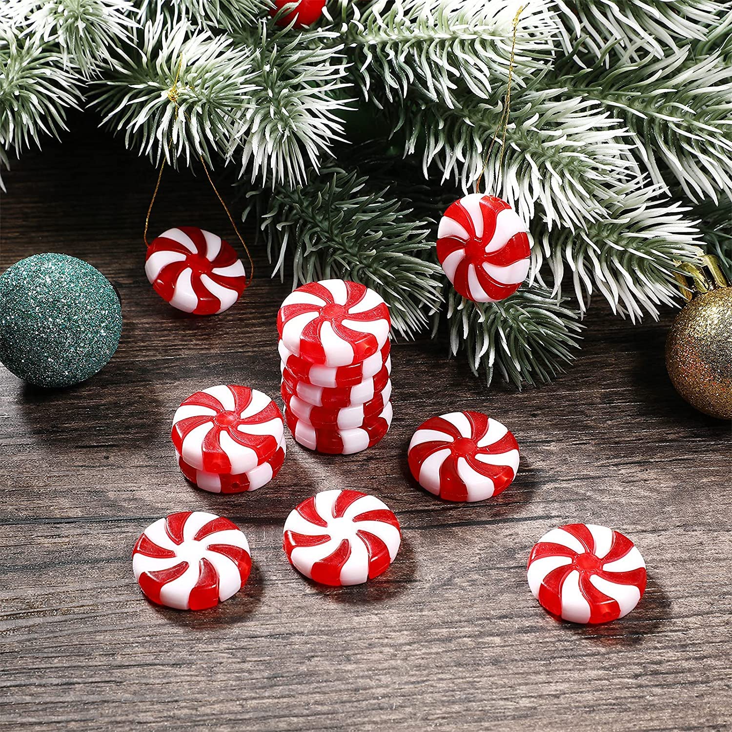 50-Piece Red & White Christmas Garland Candy Swirl Ornaments - Plastic Candy Tree Decorations with Crystal Wire for Xmas Home & Party Decor | Holiday Mantel, Tree, Gift Wrapping