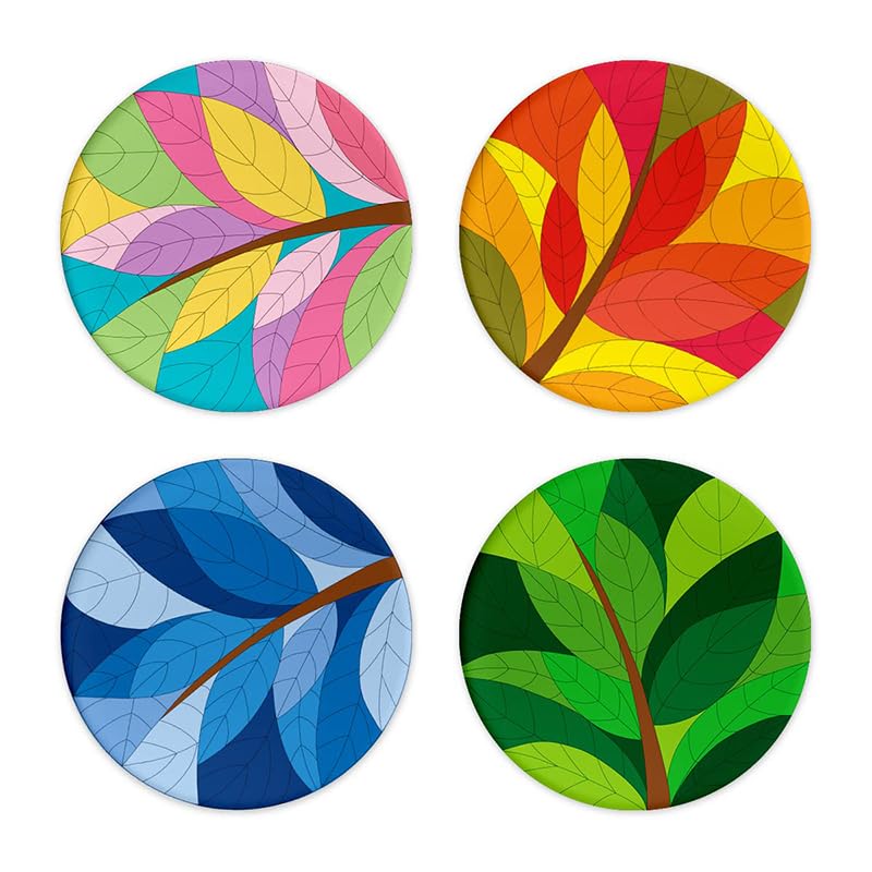 Premium Round Wooden Coasters Set of 4 - Vibrant Leaf Print, 3.5x3.5 Inch - Perfect for Coffee Mugs, Tea Cups & Glasses - Elegant Home Decor for Dining Table, Office Desk or Gift Giving