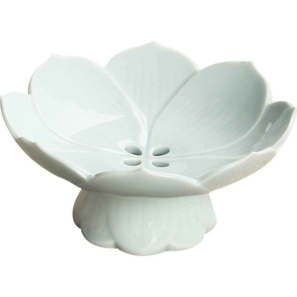 **Elegant Ceramic Pedestal Fruit Bowl - Decorative Footed Compote Serving Bowl for Desserts, Fruits, Bread & Snacks - Lotus Drain Plate for Kitchen Counter Display - Perfect for Dining Table Centerpiece & Party Serving (Blue)**