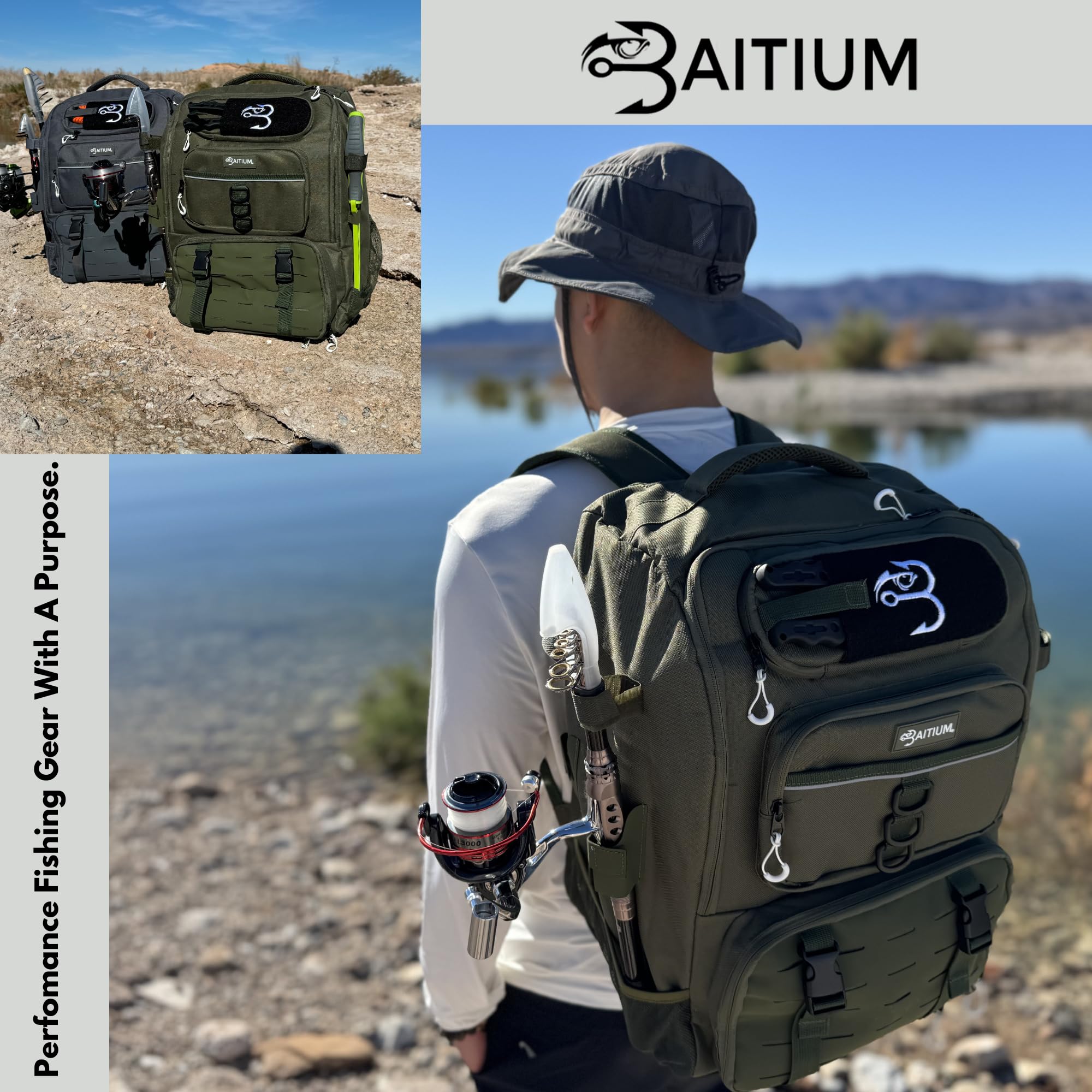 **Jet Black 40L Fishing Backpack with Rod Holders & Cooler – Waterproof Tackle Bag with Storage Trays – Perfect for Freshwater & Saltwater Fishing Trips**