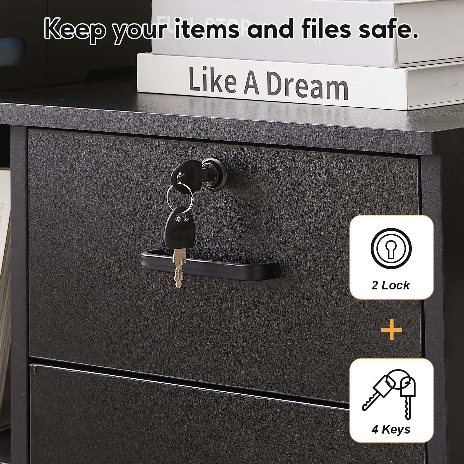 TUKAILAi 3-Drawer Mobile File Cabinet with Door & Open Shelf - Lateral Printer Stand, Rolling Office Storage with 4 Wheels, Wooden Stationery Organizer for Home Office (Black) - Perfect for Small Spaces & Document Organization