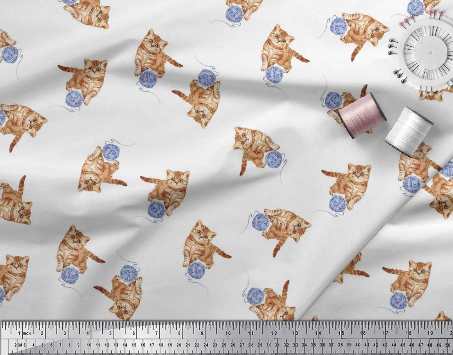 Soimoi 100% Polyester Crepe Fabric - White Cat & Wool Animal Print - 42 Inch Wide by The Yard - Soft, Cozy & Playful Design for DIY Sewing, Clothing, Home Decor & Crafts