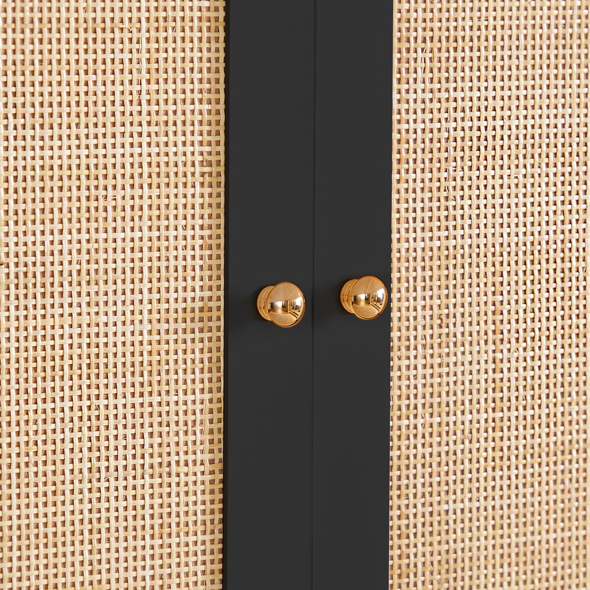 LEVNARY 3-Door Large Armoire Wardrobe Closet - Freestanding Rattan Cabinet with Hanging Rail for Clothes Storage, Wooden Closet Organizer for Bedroom, Black (47.24
