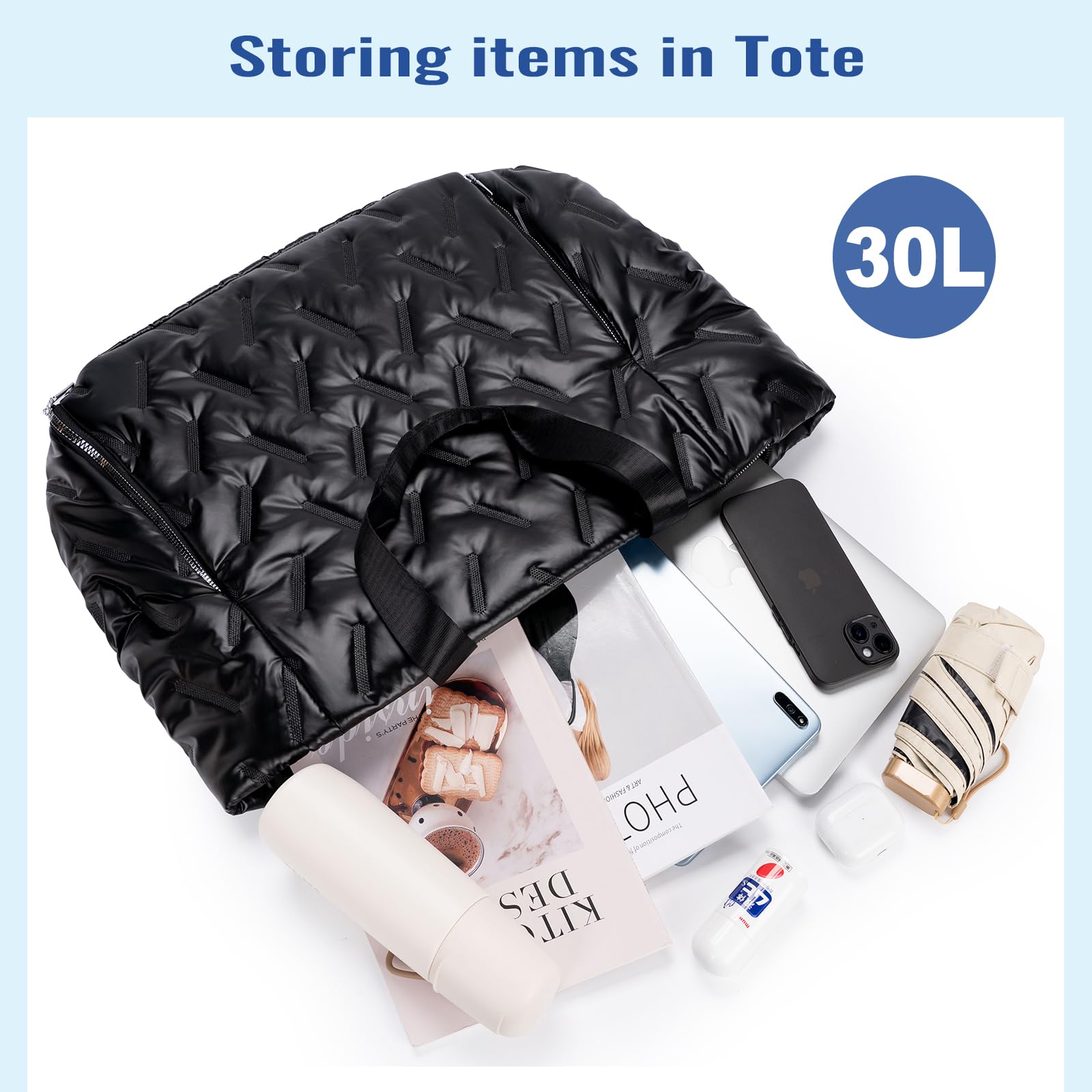 Women's Large Capacity Puffer Tote Bag with Zipper - Waterproof Quilted Handbag for Yoga, Work & Travel - Fits Yoga Mat & Essentials
