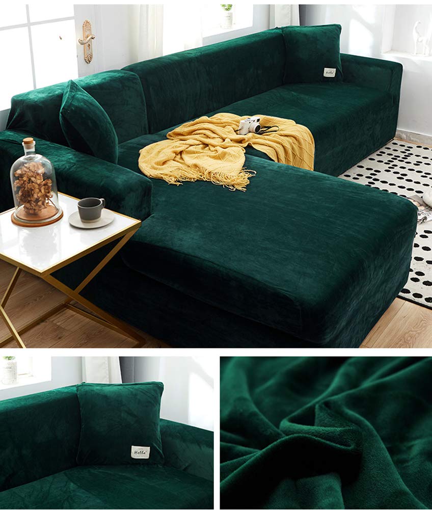 Velvet L-Shaped Sofa Cover - Stretchable, Washable & Sustainable Slipcover for Sectional Couches (4-Seater, 235~300cm/93~118in) - Perfect for Living Room Furniture Protection & Home Decor Refresh