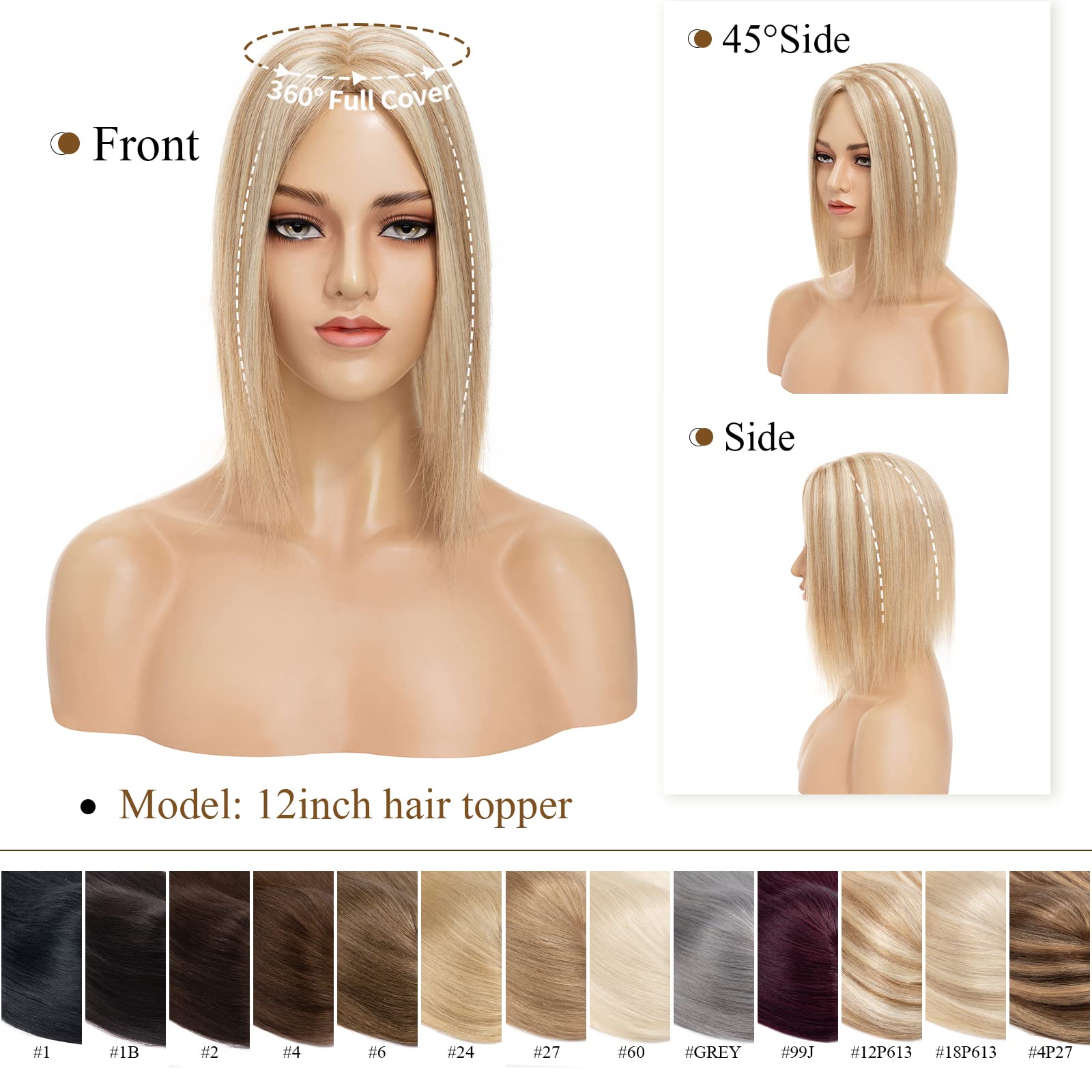 MY-LADY Clip-in Human Hair Topper for Women - 130% Density, 10x12cm Silk Base, 50g, 16 Inch, #12P613 Light Brown with Bleach Blonde Highlights - Remy Hair Top Hairpiece No Bangs - Perfect for Thinning Hair, Hair Loss, and Daily Styling