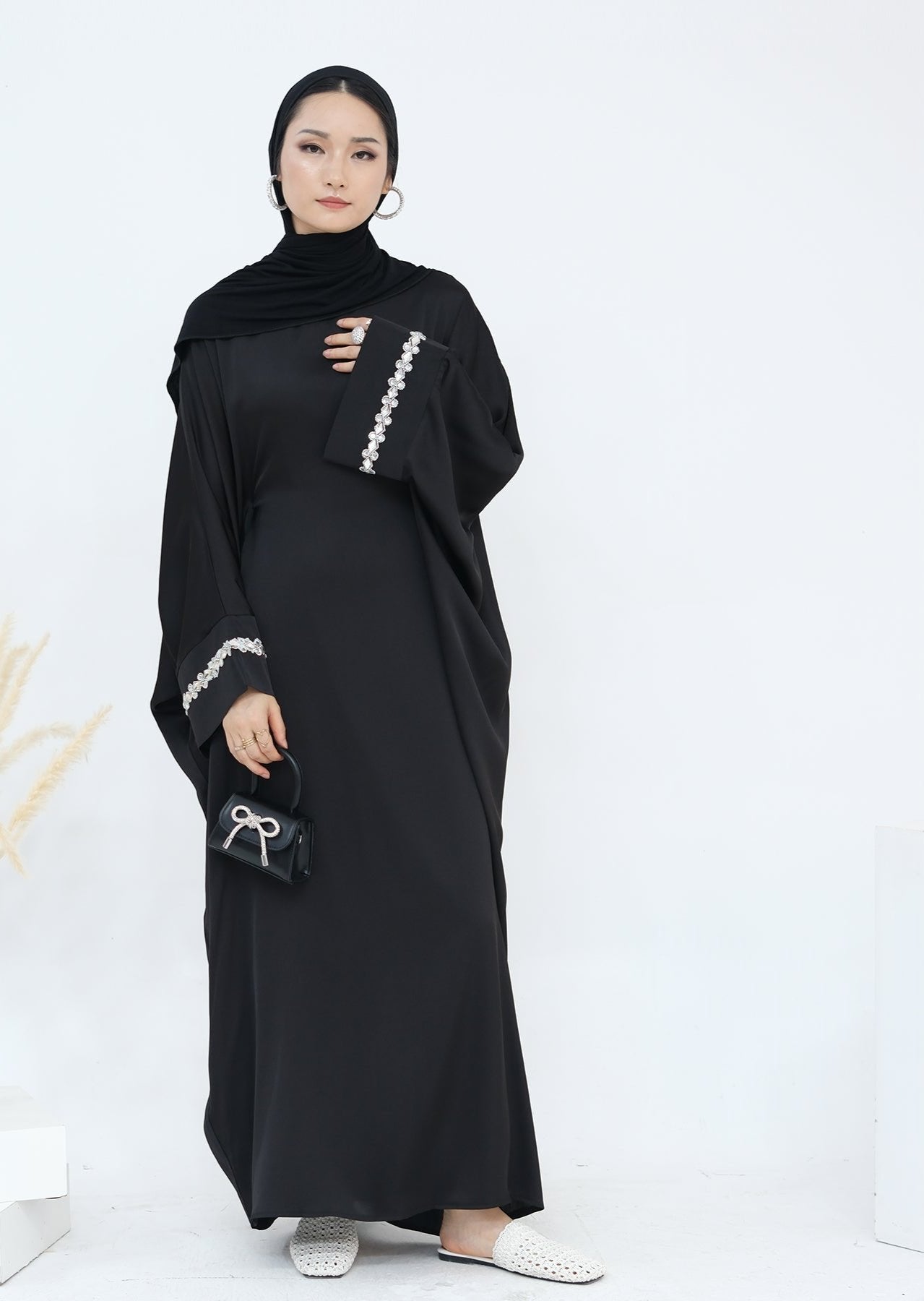 Delisa Butterfly Satin Abaya - Elegant Black Muslim Prayer Dress for Women | Perfect for Eid, Ramadan & Special Occasions