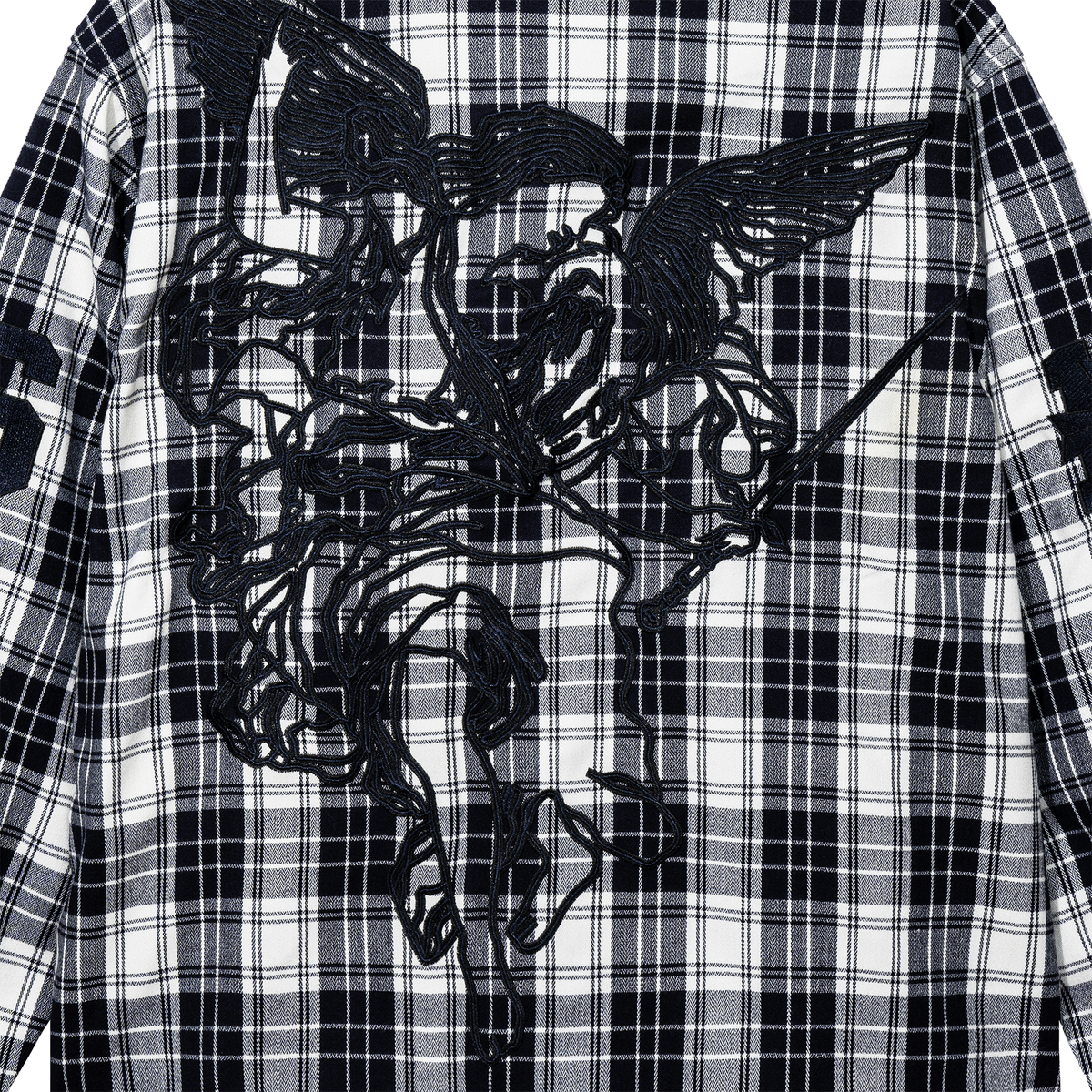 Revenge Valkyrie Embroidered Flannel Shirt - Navy Blue Plaid for Men & Women | Perfect for Outdoor Adventures, Casual Wear & Layering