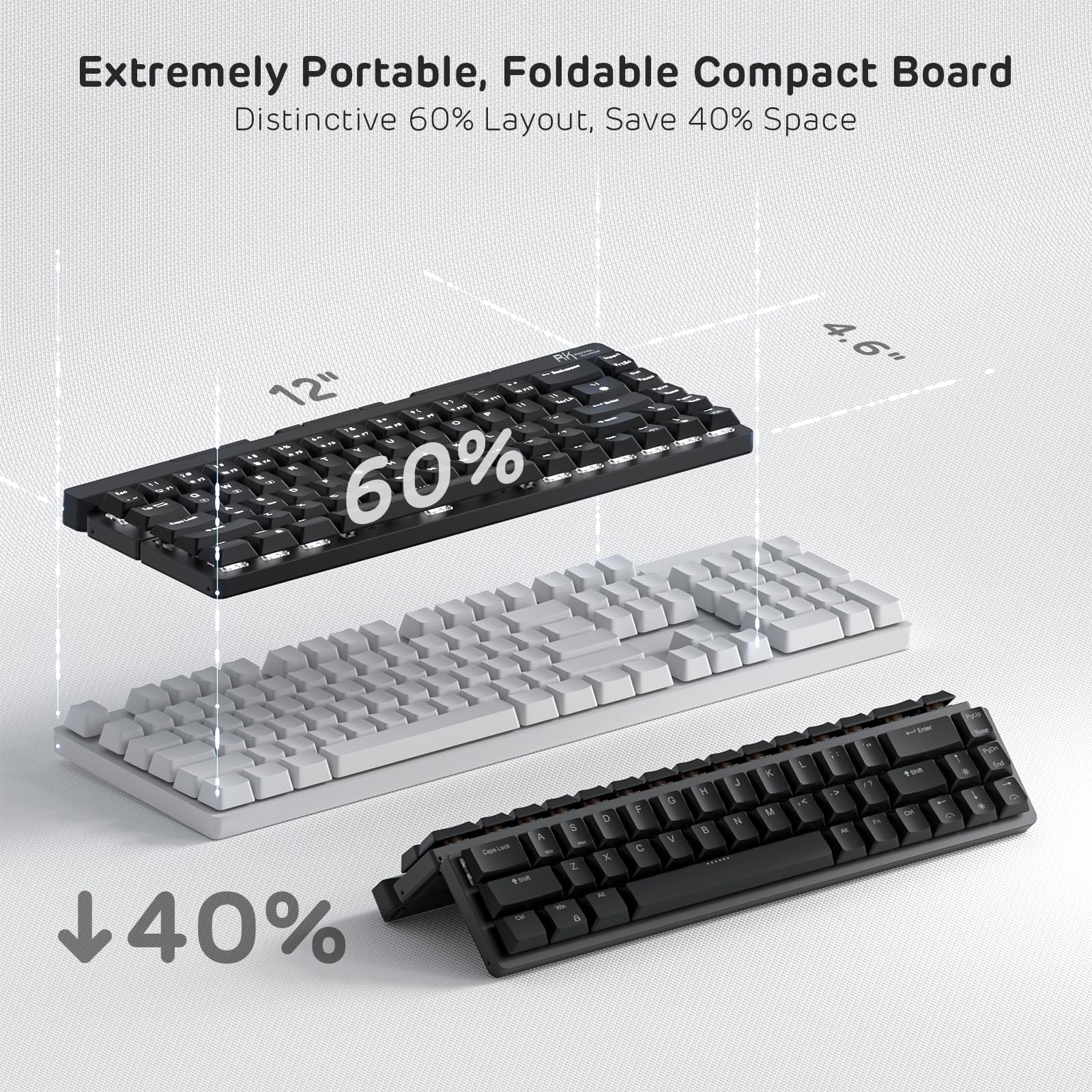 RK ROYAL KLUDGE F68 60% Foldable Wireless Mechanical Keyboard - Low Profile Aluminum Body with Built-in Stand, White Backlit, 68 Keys, Tactile Brown Switch - Perfect for Office, Gaming & Travel
