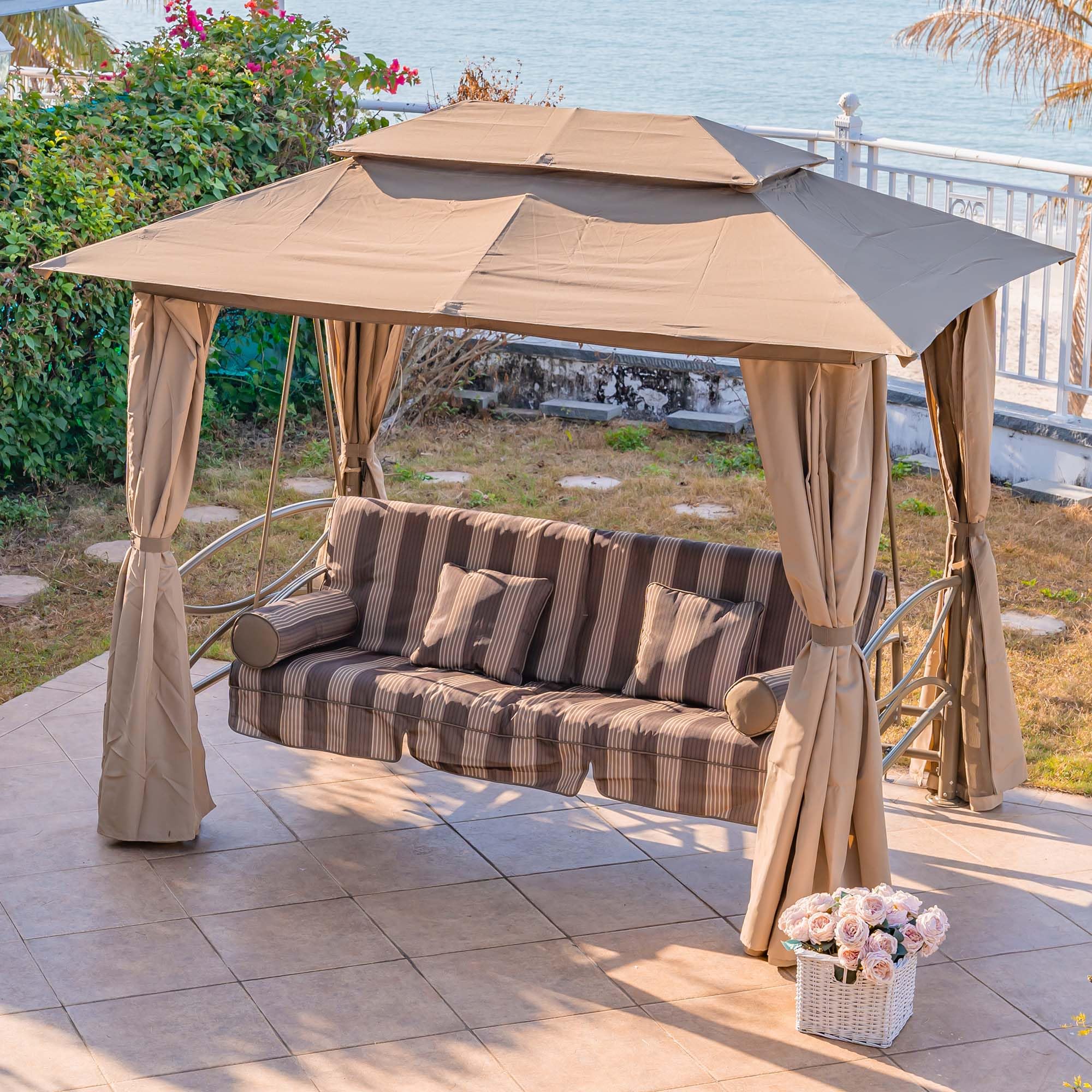 PURPLE LEAF 3-Person Outdoor Patio Swing with Canopy, Netting & Curtains - Heavy Duty Porch Swing Gazebo for Adults - Perfect for Backyard, Garden, and Poolside Relaxation
