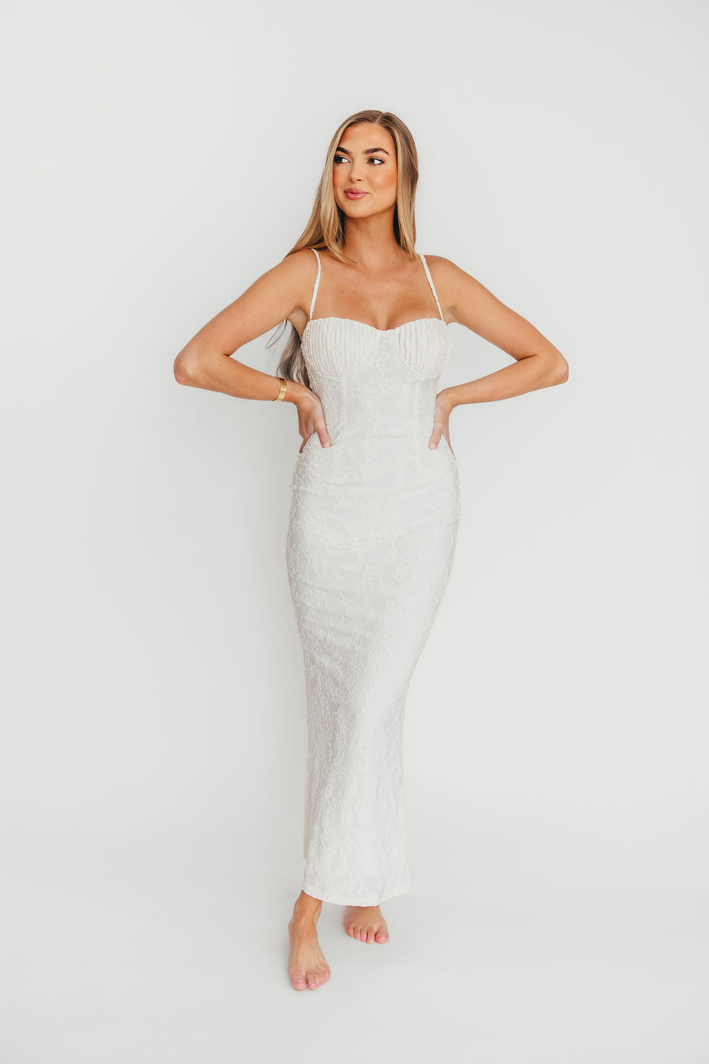 Amira Ruched Bustier Lace Up Back Maxi Dress in Ivory - Elegant Formal Gown for Weddings, Prom & Evening Events
