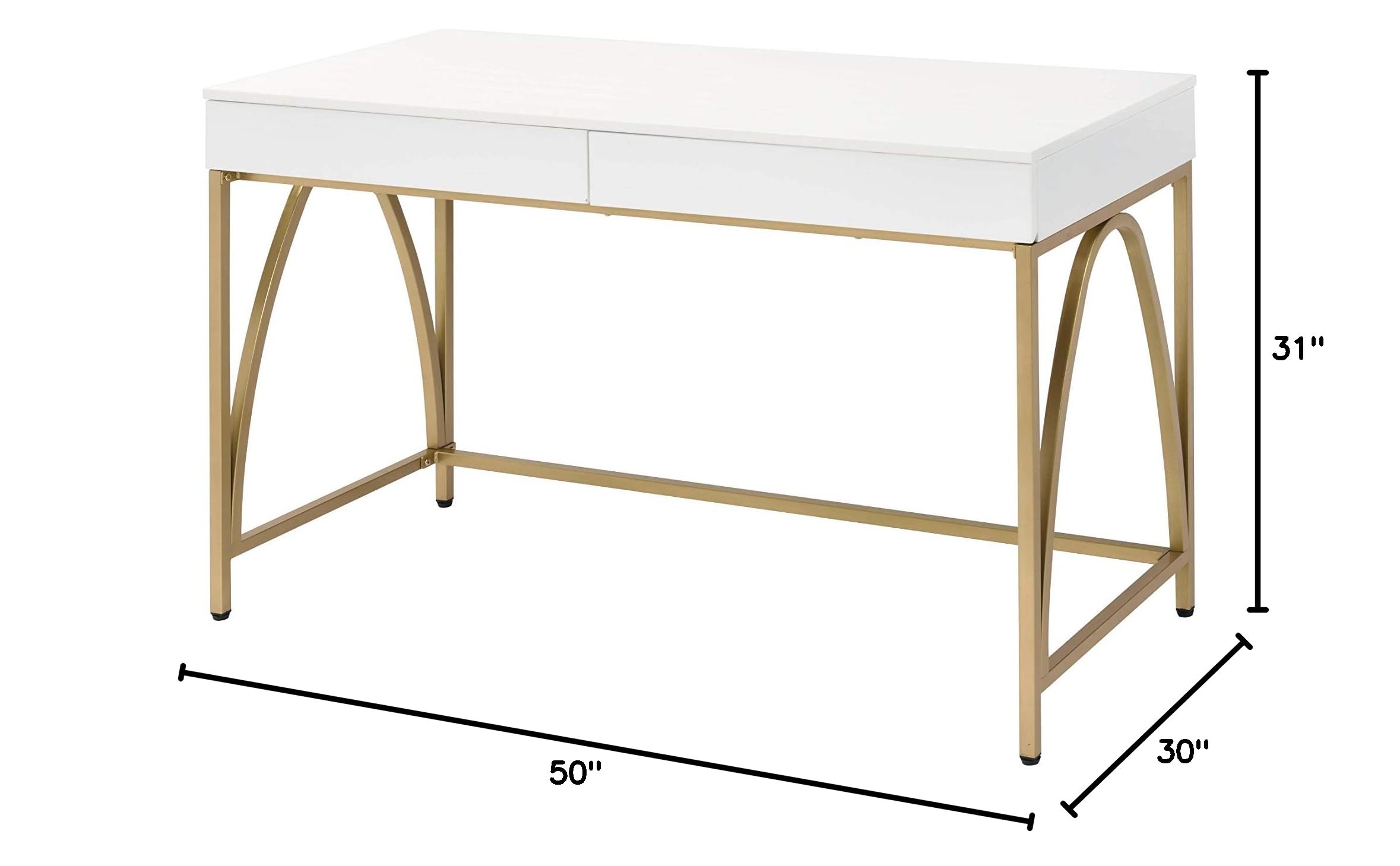 Acme Lightmane 2-Drawer Vanity Desk with Metal Legs - White High Gloss & Gold Finish | Modern Dressing Table for Bedroom Makeup & Skincare Organization