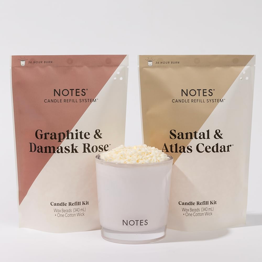 NOTES Sustainable Candle Starter Kit - Smokey Woody Duo | Refillable & Reusable Soy Wax Candles | Natural Wooden Scented Candles | Graphite & Damask Rose + Santal & Atlas Cedar | Eco-Friendly Home Decor | Perfect for Relaxation, Meditation & Romantic Ambience