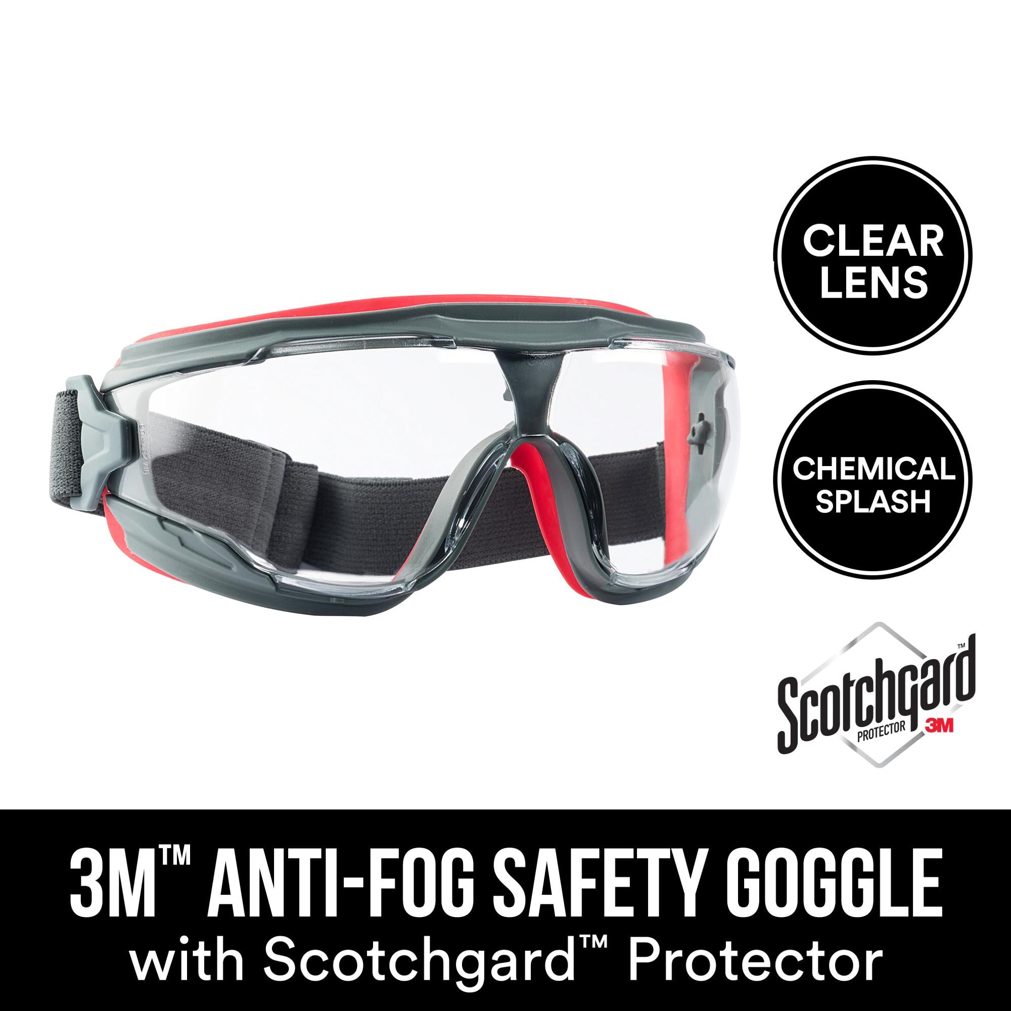 3M Anti Fog Safety Goggles with Scotchgard Protector 47212H1 VDC - Gray/Red Clear Lens for Construction, Lab Work & DIY Projects