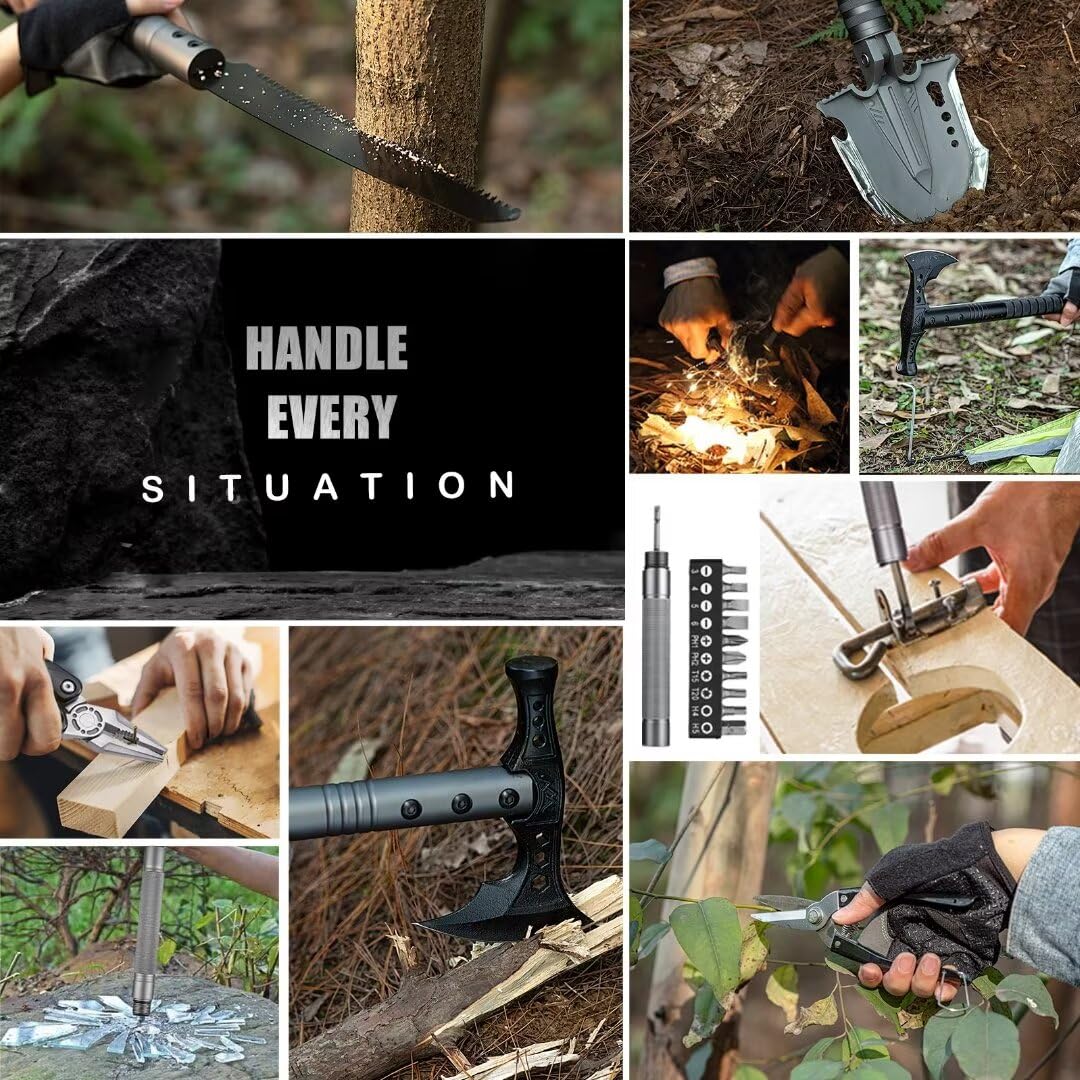 28-in-1 Unbreakable Tactical Survival Shovel with Axe - Multifunctional Camping Tool for Outdoor Adventures, Hiking, Backpacking & Emergency Preparedness - Perfect for Digging, Chopping, Sawing and Survival Situations