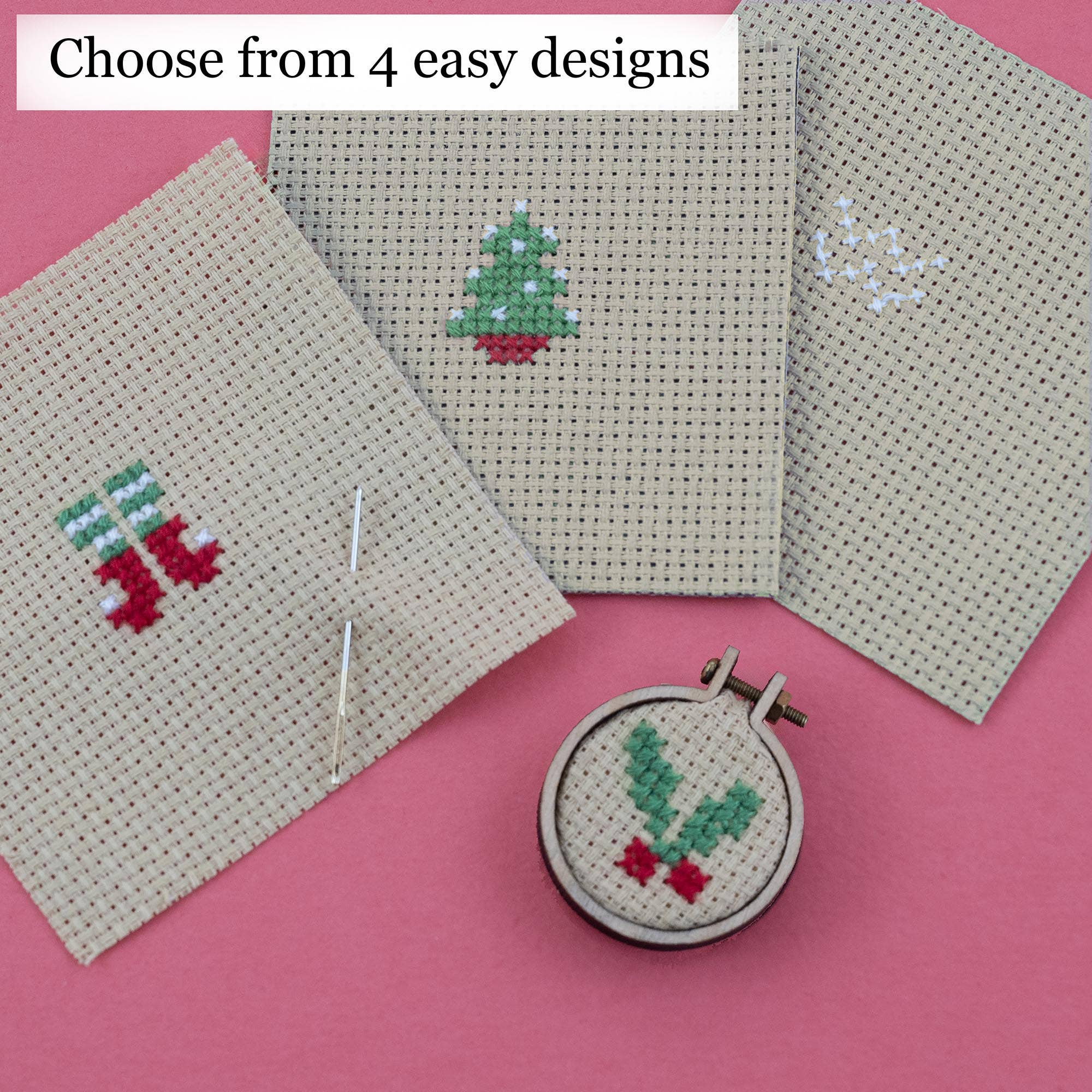 Christmas Bauble Jolly Holly Cross Stitch Hoop in a Matchbox - Miniature Holiday Decor, DIY Christmas Ornament, Unique Gift Idea for Craft Lovers