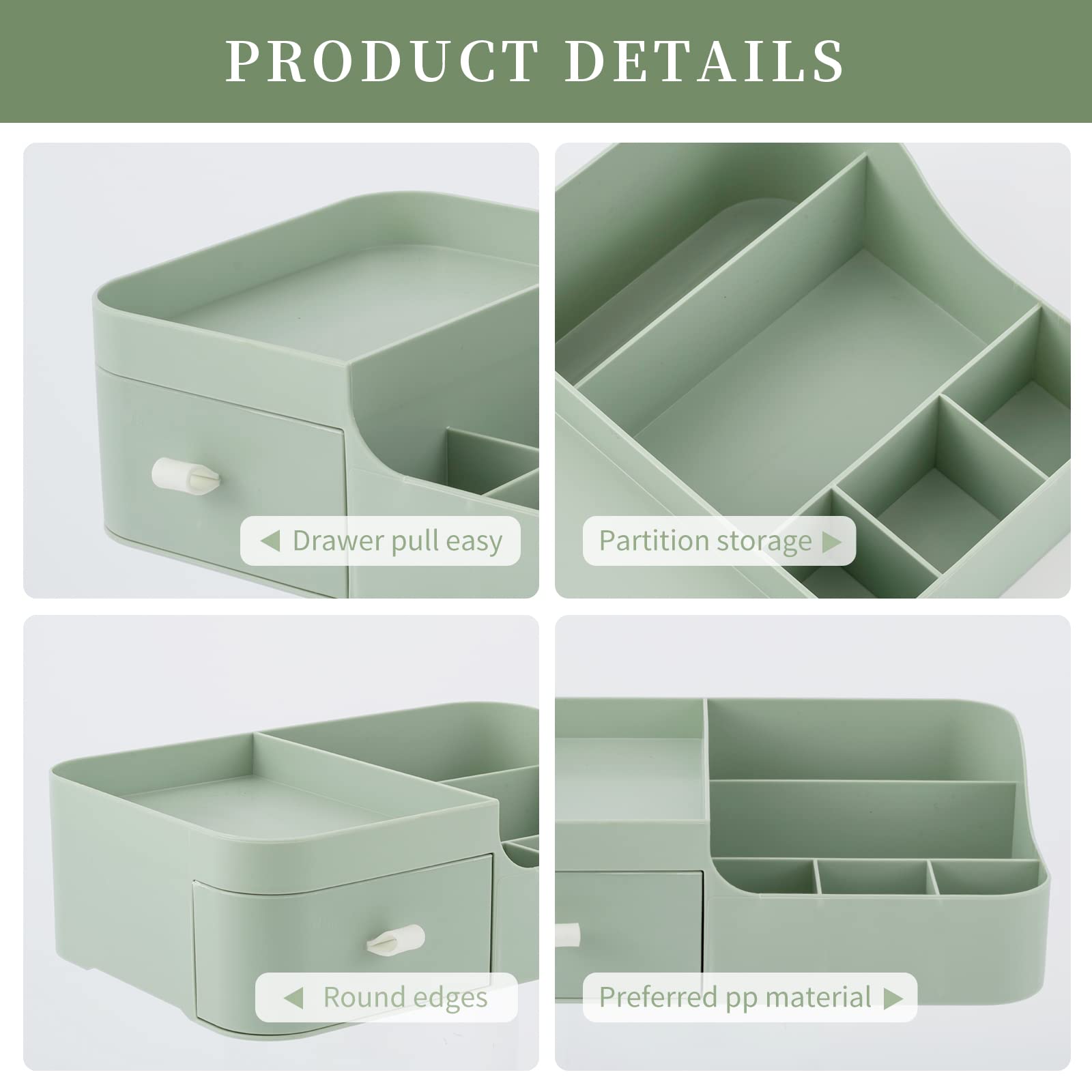Abiudeng Makeup Desk Organizer with Drawers - Small Bathroom & Vanity Countertop Storage for Cosmetics, Skincare, Jewelry - Holds Lipstick, Brushes, Eyeshadow, Nail Polish & More (Green) | Perfect for Bedroom Vanity, Bathroom Counter & Dressing Table Organization