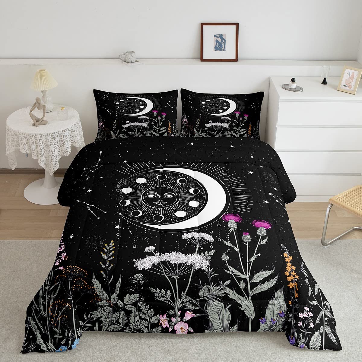 Full Size Sun and Moon Constellation Comforter Set for Kids - Galaxy Astrology Themed Bedding with Branches & Plants Design, Black and White Quilt Includes 2 Pillowcases | Perfect for Boys & Girls Bedrooms, Dorm Rooms, and Space-Themed Decor