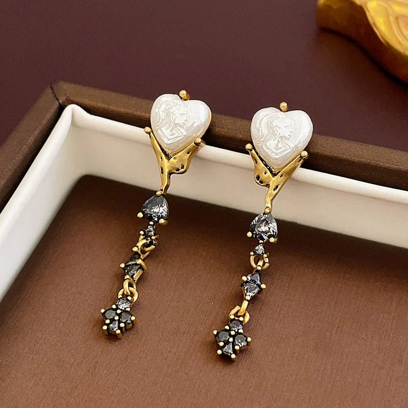 Luxury Black Heart Pearl Drop Earrings for Women - 925 Sterling Silver Dangle Earrings | Perfect for Weddings, Parties & Special Occasions | HE13351