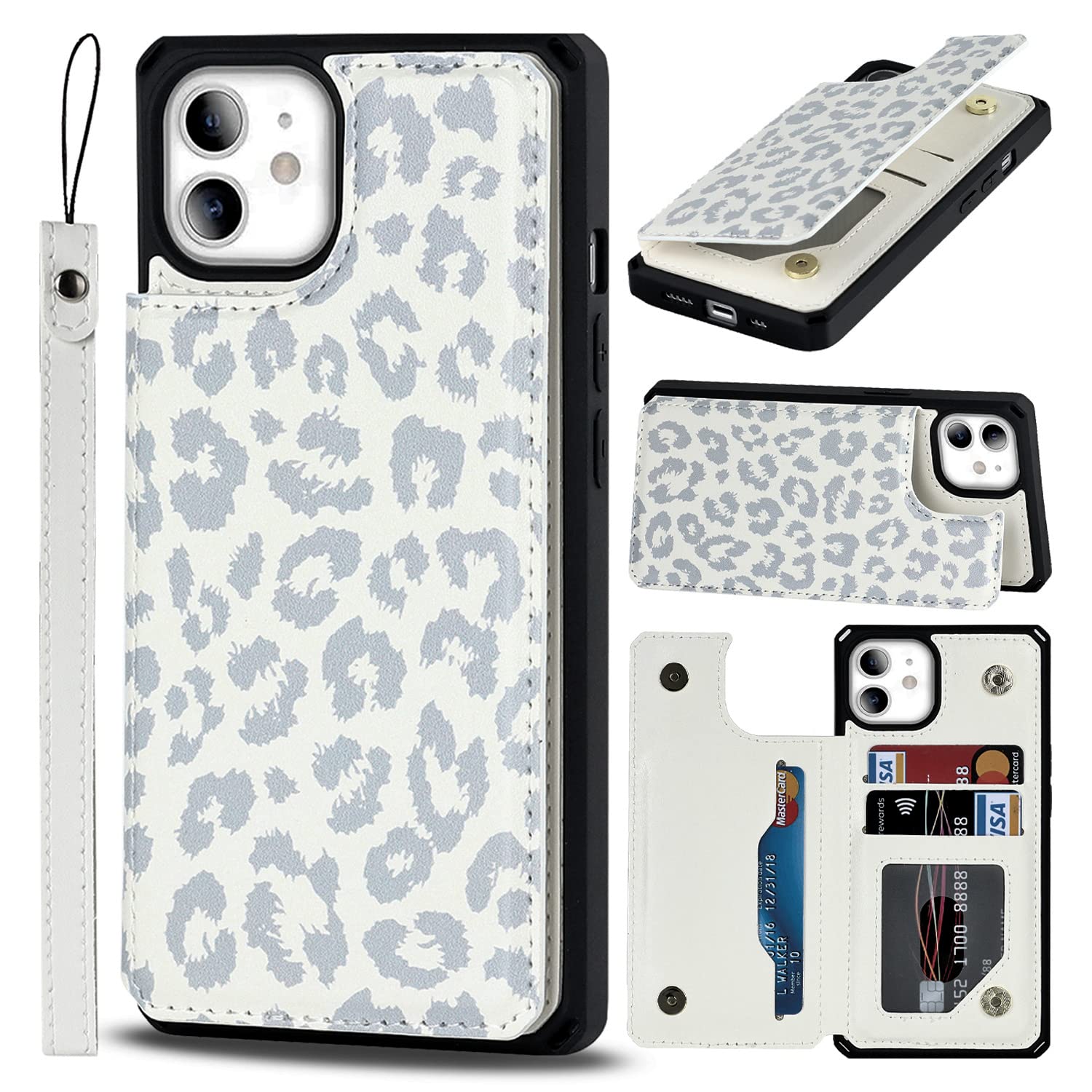 Premium PU Leather iPhone 11 Wallet Case with RFID Blocking Card Slots, Kickstand & Wrist Strap | Slim Protective Cover with Card Holder for iPhone 11 6.1 Inch (Gray Leopard) - Perfect for Travel, Shopping & Everyday Convenience