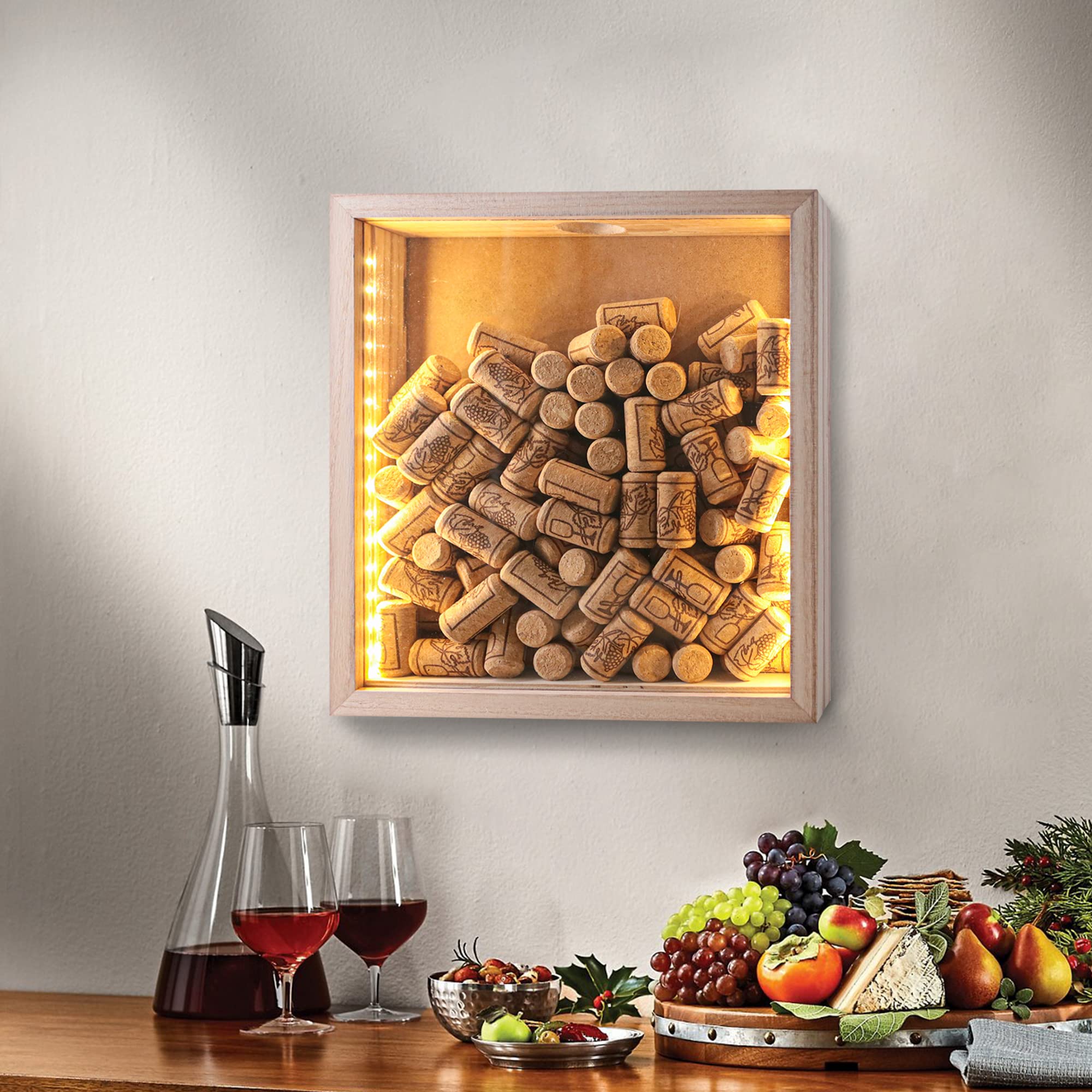 11x12 Wooden Wine Cork & Beer Cap Holder Shadow Box with LED Lights - Display Case for Flowers, Tickets, Memorabilia - 3D Picture Frame for Home Bar Decor, Christmas Gift, Wedding Anniversary Keepsake (Natural Finish)