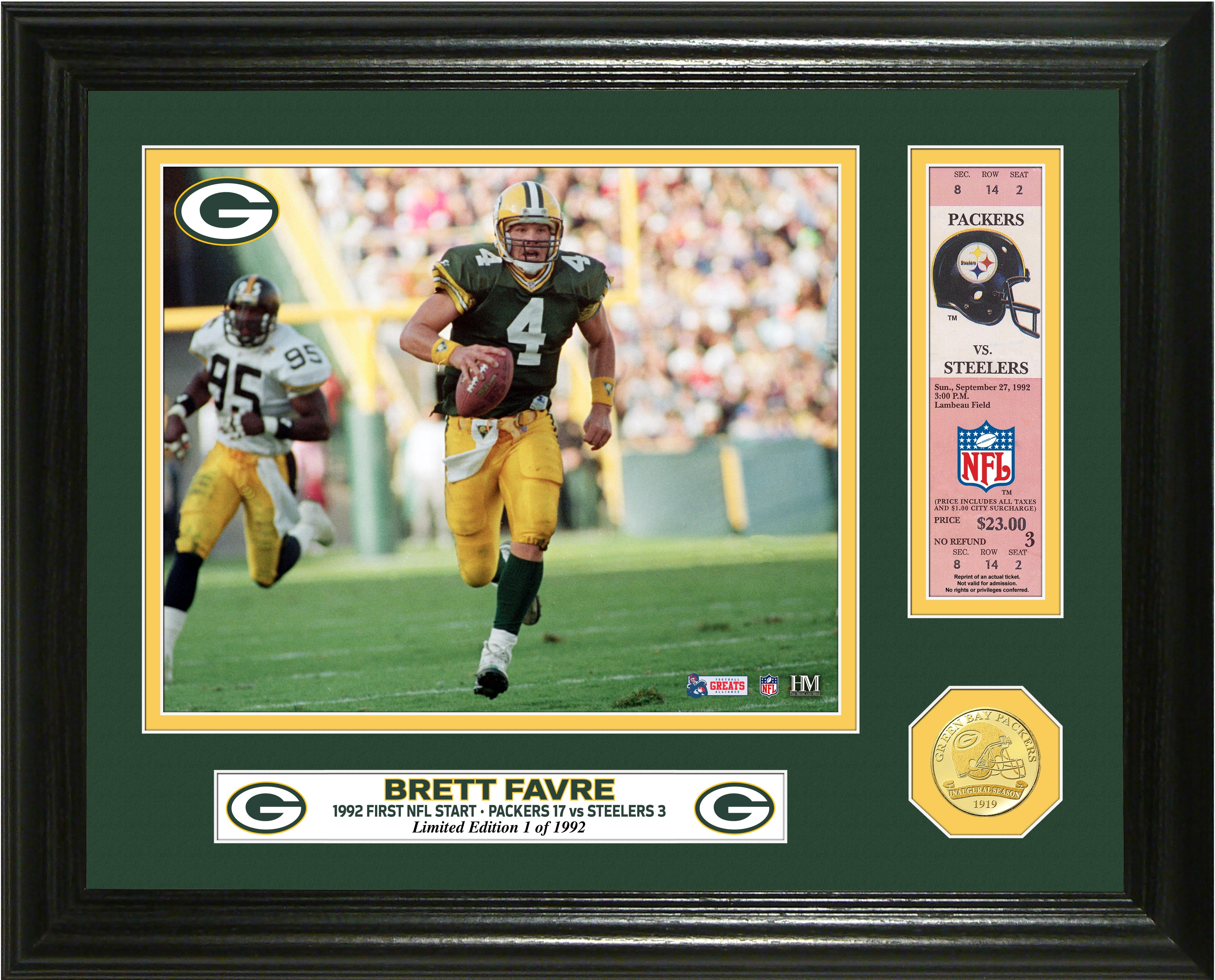 Brett Favre First Start Ticket Bronze Coin Collectible - Limited Edition NFL Memorabilia for Fans & Collectors - Perfect for Display, Gifts, and Sports Memorabilia Collections