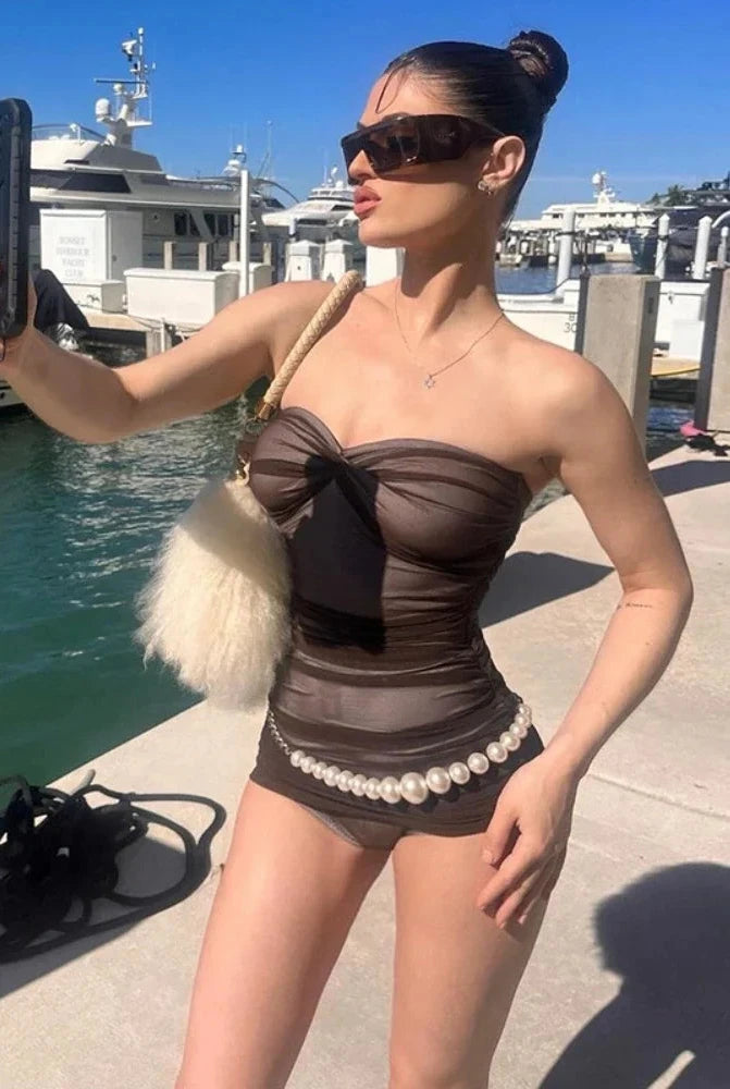 Black Mesh Ruched Strapless Mini Dress - Sexy Nightclub & Summer Beach Vacation Outfit for Women 2024 | Perfect for Parties, Date Nights & Tropical Getaways