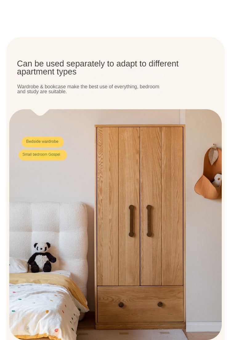 Premium Oak Solid Wood Kids Wardrobe - Multi-Functional Storage Organizer for Clothes, Toys & Books - Perfect for Bedroom, Nursery & Playroom Organization
