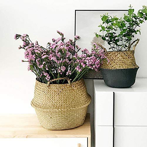 INSO Natural Woven Seagrass Belly Basket - Foldable Storage Basket with Handles for Picnic, Grocery, Laundry, Beach & Plant Storage (2XL, Gray) | Perfect for Home Organization, Nursery Decor & Outdoor Activities