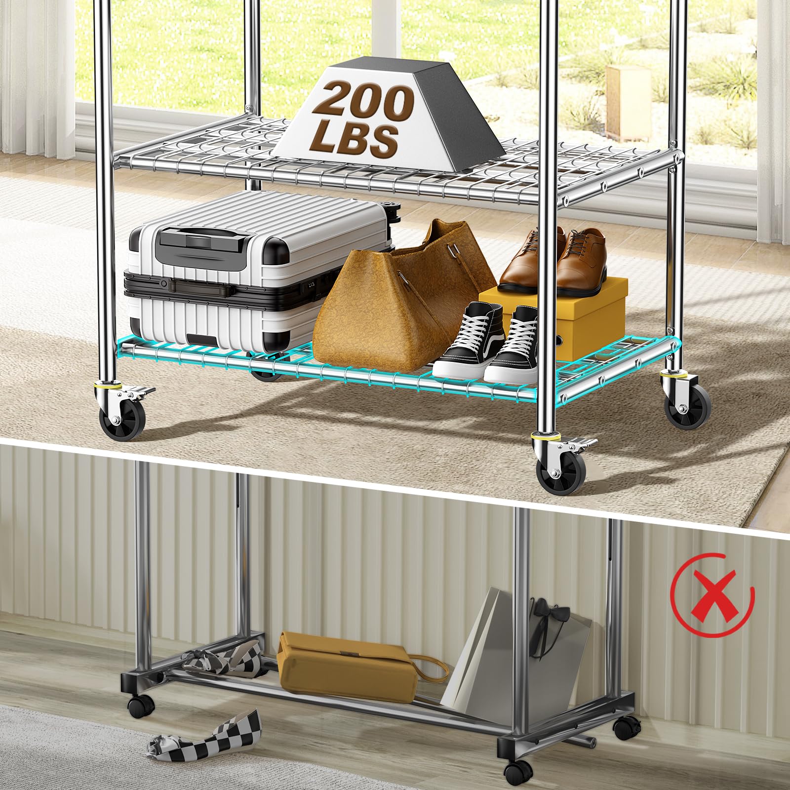 Heavy Duty Stainless Steel Garment Rack - 960LBS Capacity, Extendable Double Rod Rolling Clothes Rack with Shelves | Modern Style Wardrobe Organizer for Clothes, Shoes & Accessories | Perfect for Home, Retail Stores & Boutique Display