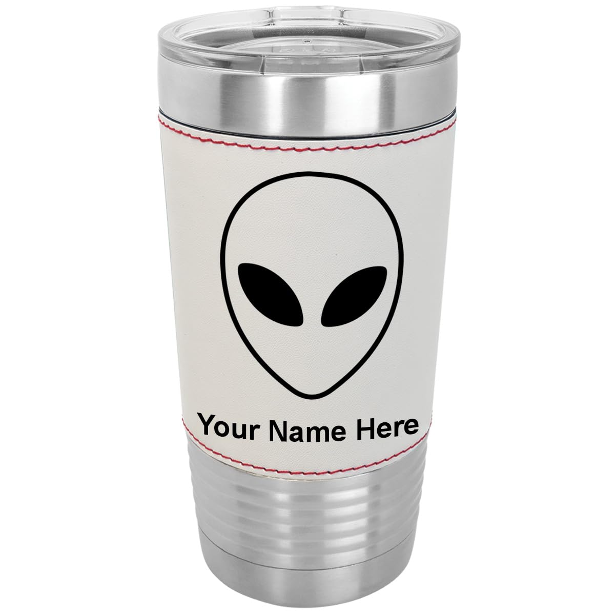LaserGram 20oz Vacuum Insulated Stainless Steel Tumbler Mug with Alien Head Design - Personalized Engraving, Faux Leather & Baseball Style - Perfect for Coffee, Tea & Cold Drinks at Work, Gym or Outdoor Activities