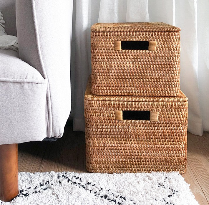 Extra Large Woven Storage Baskets with Lids - Rattan Rectangular Organizer Bins for Shelves, Closet, Living Room | Perfect for Clothes, Blankets & Home Decor Organization