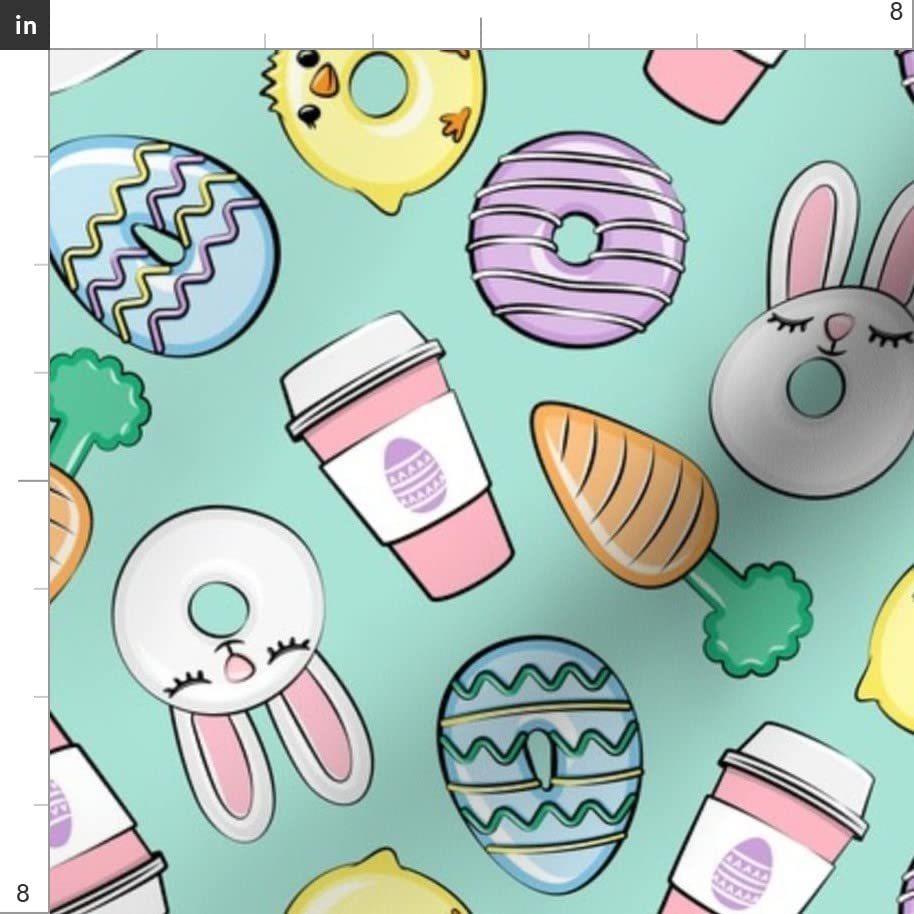 Easter Donuts Coffee Aqua Spring Bunny Rabbit Chick Carrot Printed Velvet Upholstery Fabric - Fat Quarter for Home Decor, Apparel & DIY Projects | Perfect for Easter Crafts, Throw Pillows & Table Runners