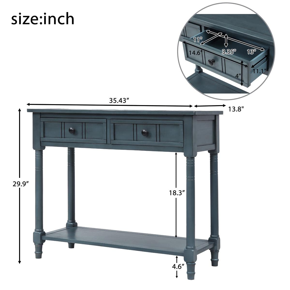 JINS&VICO Navy Blue Console Table with 2 Drawers & Bottom Shelf - Entryway Sofa Table, Sideboard for Living Room, Dining Room - Perfect for Hallway Storage & Home Decor