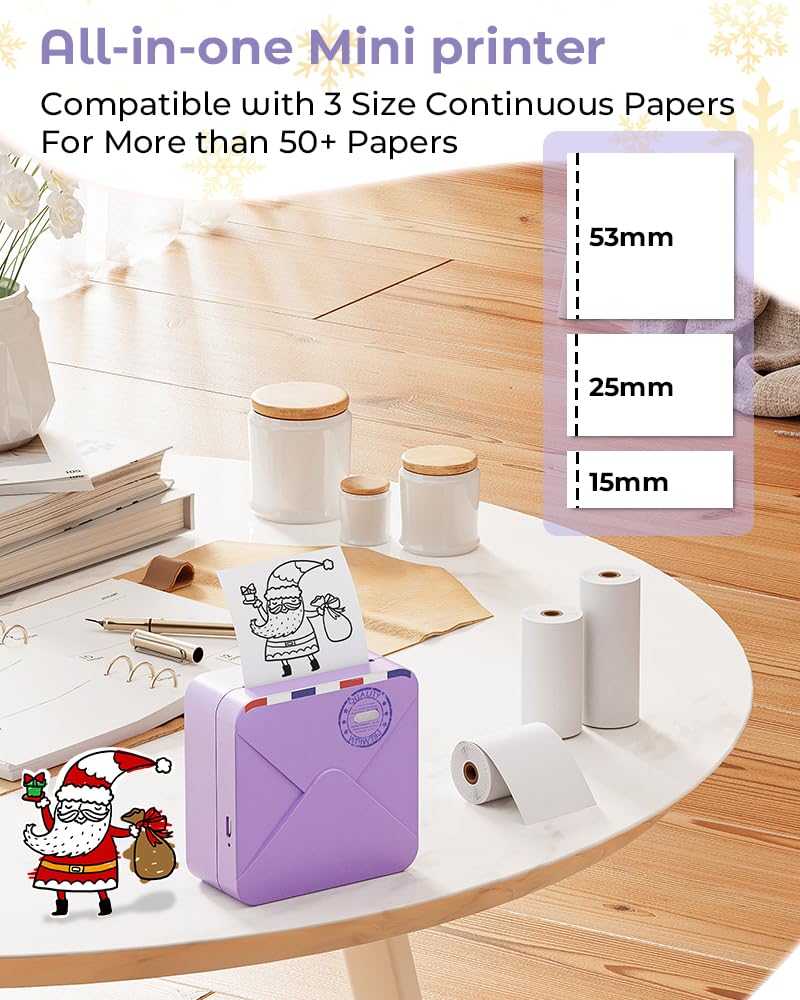 Phomemo Pocket Printer - 300dpi Bluetooth Inkless Mini Sticker Maker for DIY, Photos & Study Notes | Includes 6 Paper Rolls (Purple) | Perfect for Scrapbooking, Journaling & School Projects