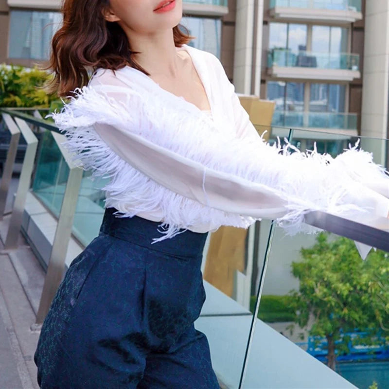Black Patchwork Feather Shirt for Women - Elegant Lapel Long Sleeve Minimalist Blouse | Casual Office Wear & Evening Outfits