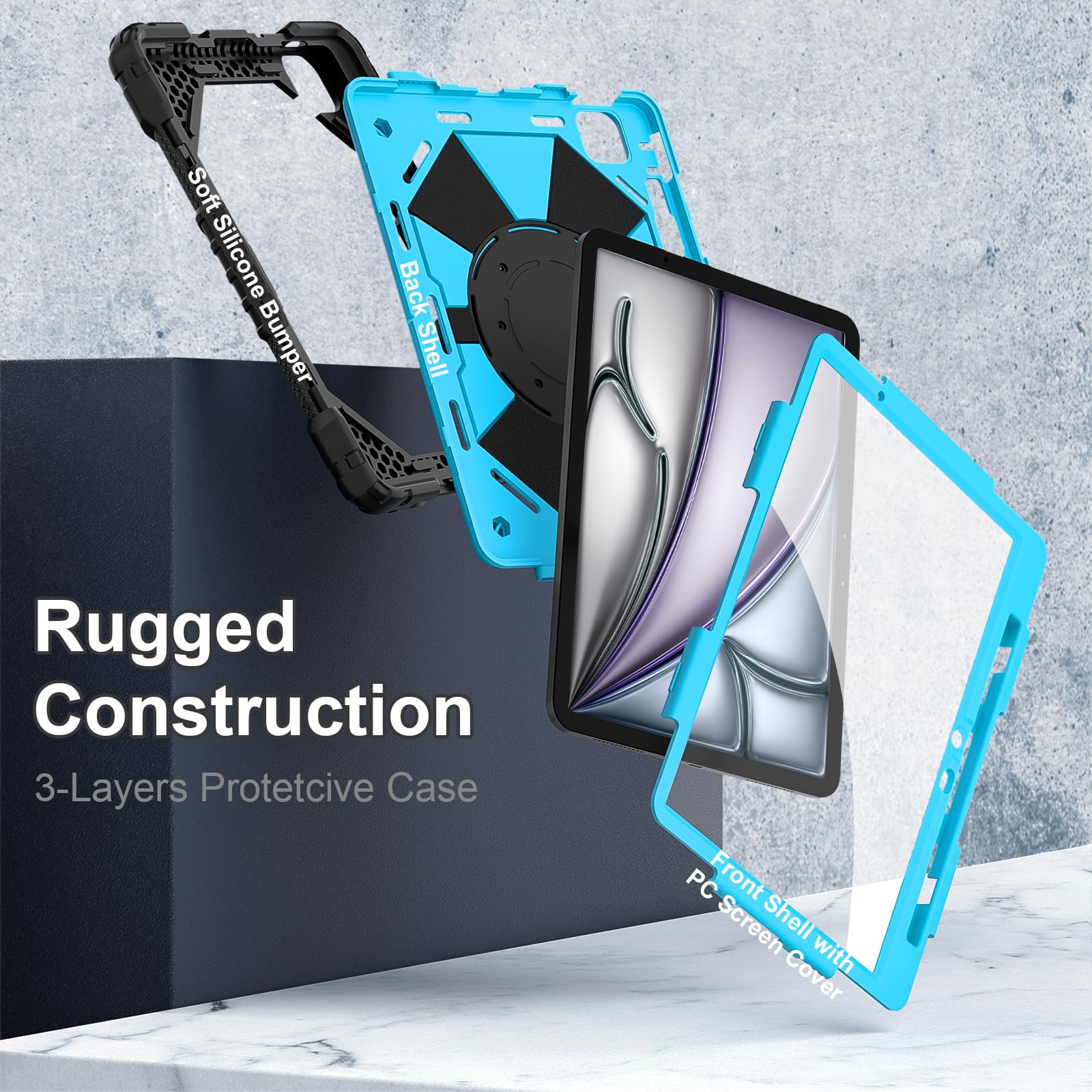 Heavy Duty iPad Air 11 Inch Case for M3/M2 (2025/2024) - 7th/6th Generation Protective Cover with Rotating Stand, Screen Protector, Pencil Holder & Shoulder Strap (Black/Blue) - Perfect for Work, Travel & School Use