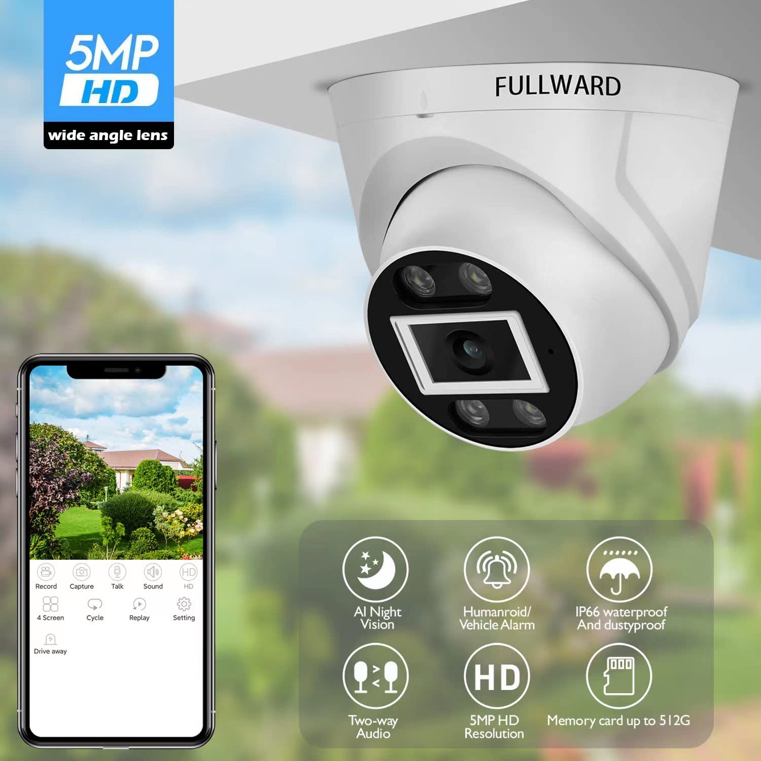 FULLWARD 5MP PoE Outdoor Security Camera with Human/Vehicle Detection, Ultra HD IP Dome Camera, 2-Way Audio, IP66 Weatherproof, Supports 512GB SD Card & Includes PoE Adapter - Ideal for Home, Office & Business Surveillance