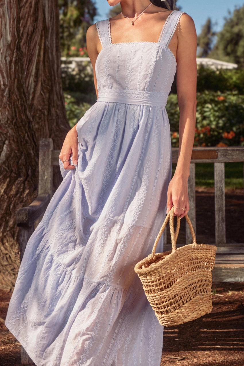 Sophie Cotton Maxi Dress - Flowy Summer Midi Dress for Women in Periwinkle Blue | Beach Wedding, Vacation & Boho Chic Outfit