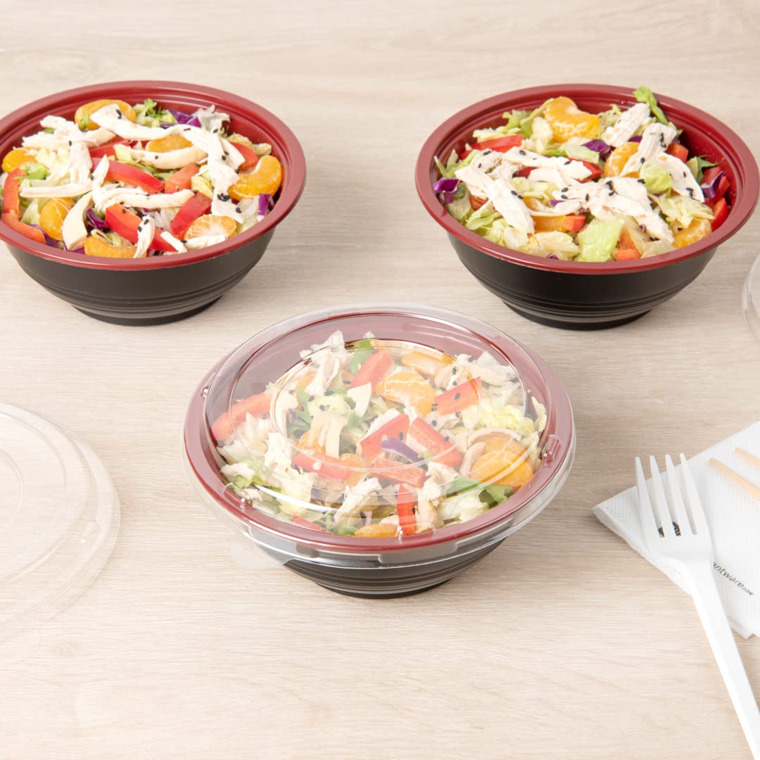 Restaurantware 18oz Disposable Food Containers - 200 Pack Salad Bowls with Lids, Microwave Safe Black & Red Plastic To-Go Bowls | Perfect for Asian Cuisine, Picnics, Takeout, Catering & Meal Prep