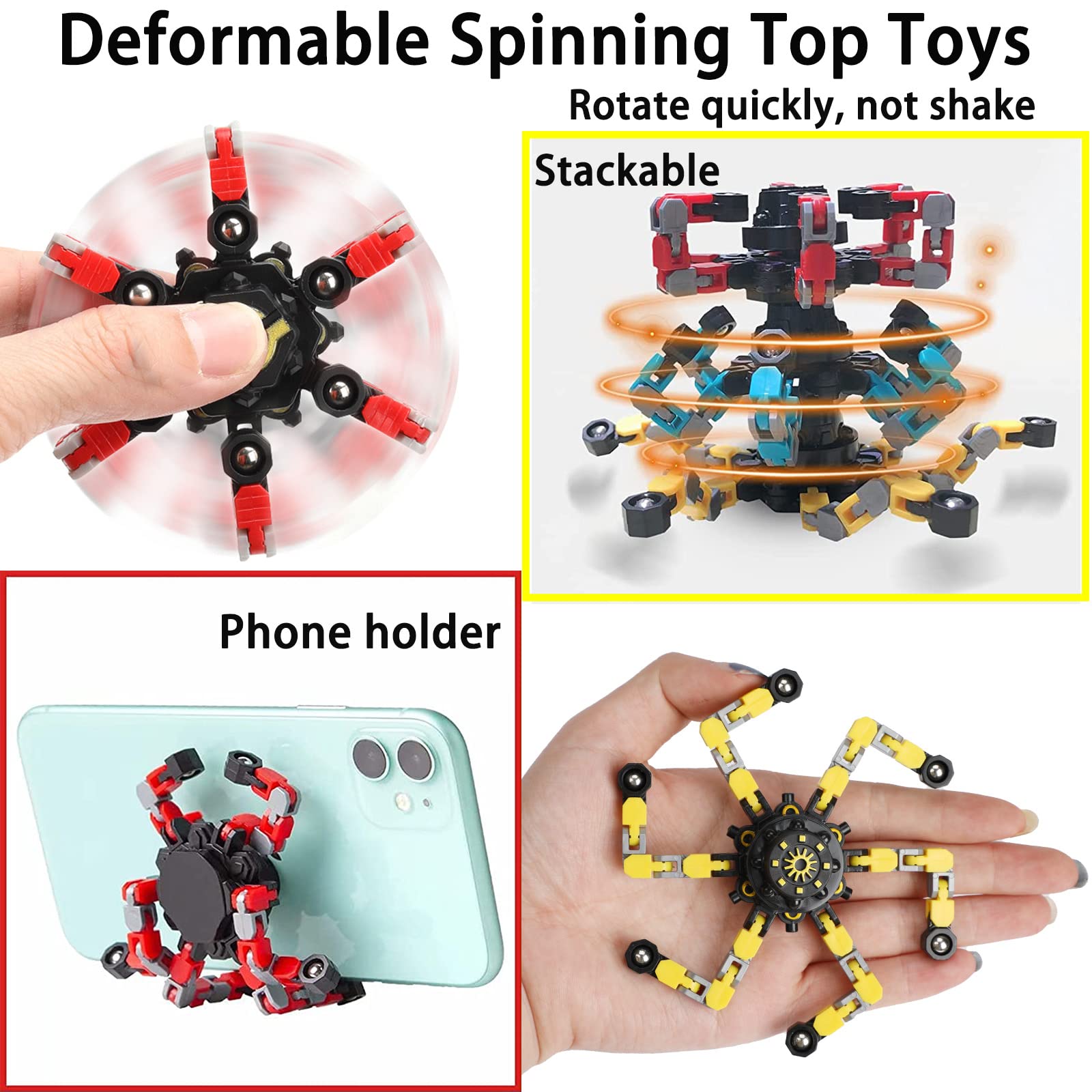 4 Pack Transformable Fidget Spinner Set - Stress Relief & Anti-Anxiety Sensory Toys for Kids & Adults | Perfect for Christmas Gifts, Birthday Party Favors & Classroom Rewards (Office, Travel, ADHD Focus Aid)