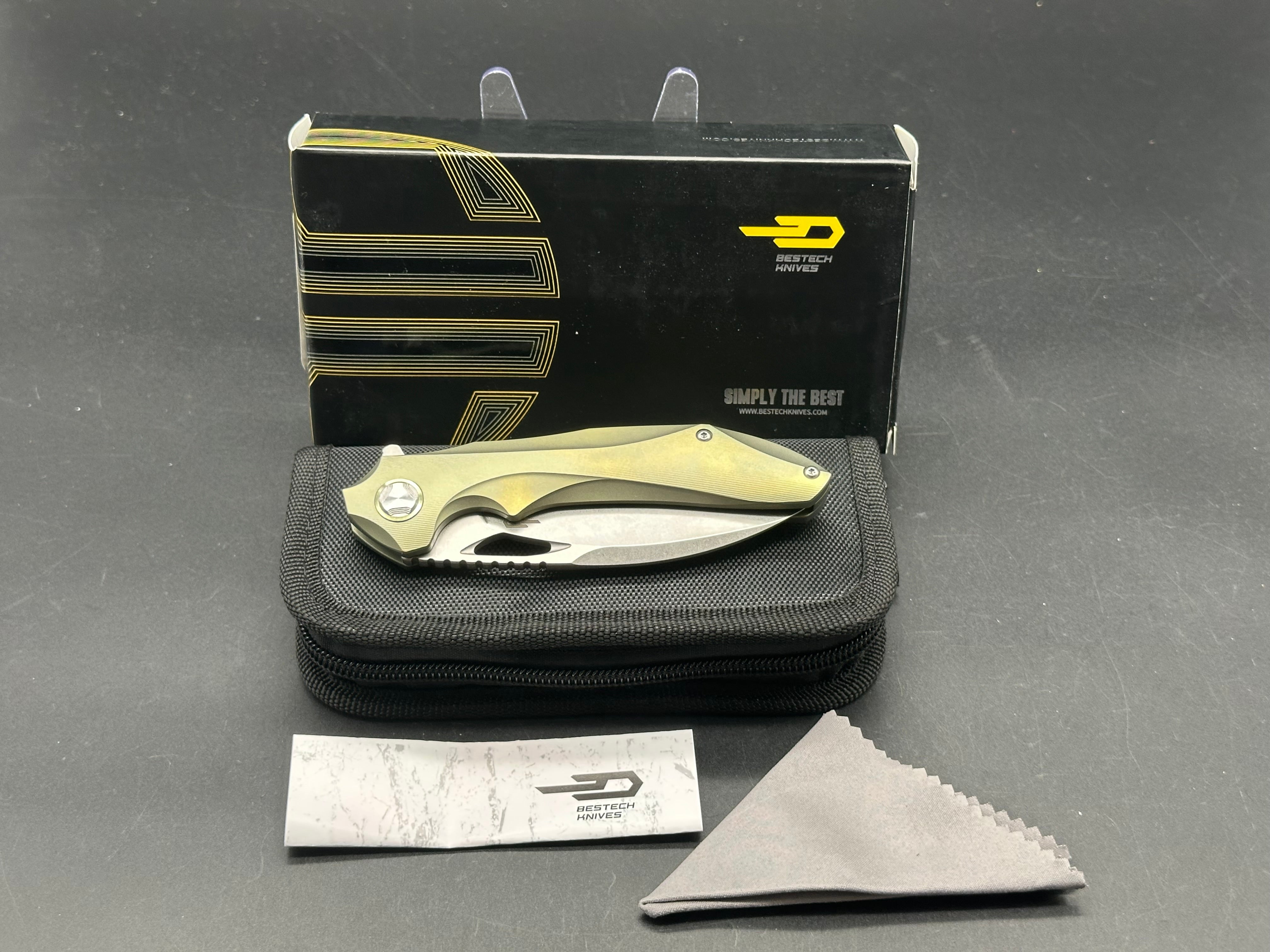 Premium Bestech Eskra Folding Knife - Bohler M390 Stonewashed Blade, Gold Titanium Handle for Outdoor Camping, Hunting & EDC