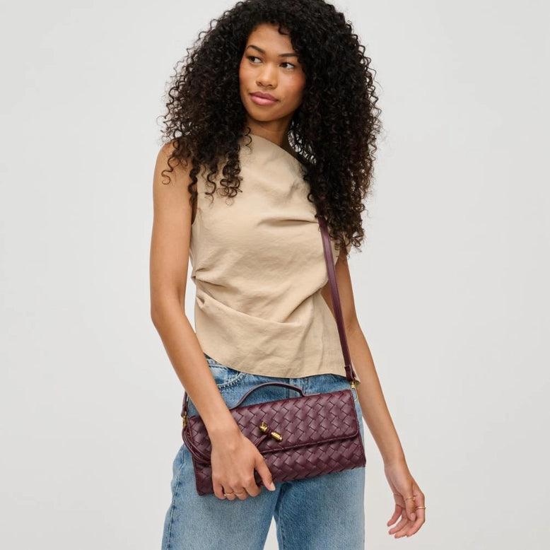 Ada Top Handle Woven East West Clutch Crossbody Bag for Women - Wine Red Evening Purse for Parties, Dinner Dates & Special Occasions