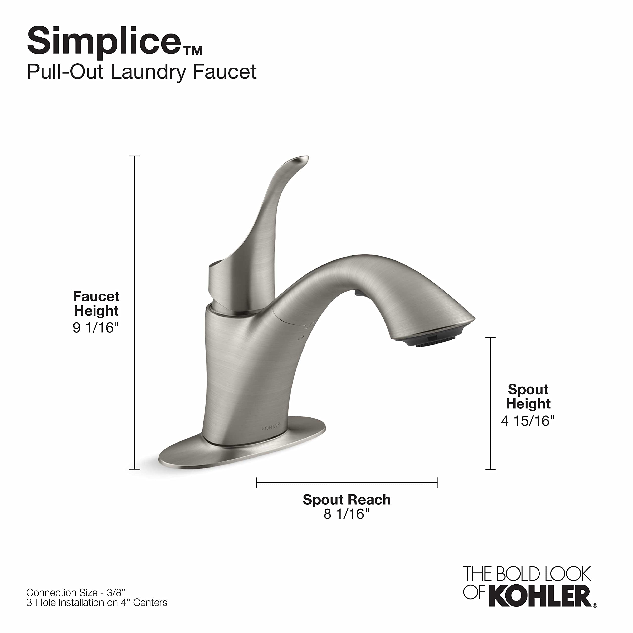 KOHLER SIMPLICE® Laundry Faucet - High-Qundry Utility Sink Faucet for Laundry Room, Basement & Utility Areas | Durable Stainless Steel Construction | Perfect for Washing Machines & Deep Cleaning Tasks