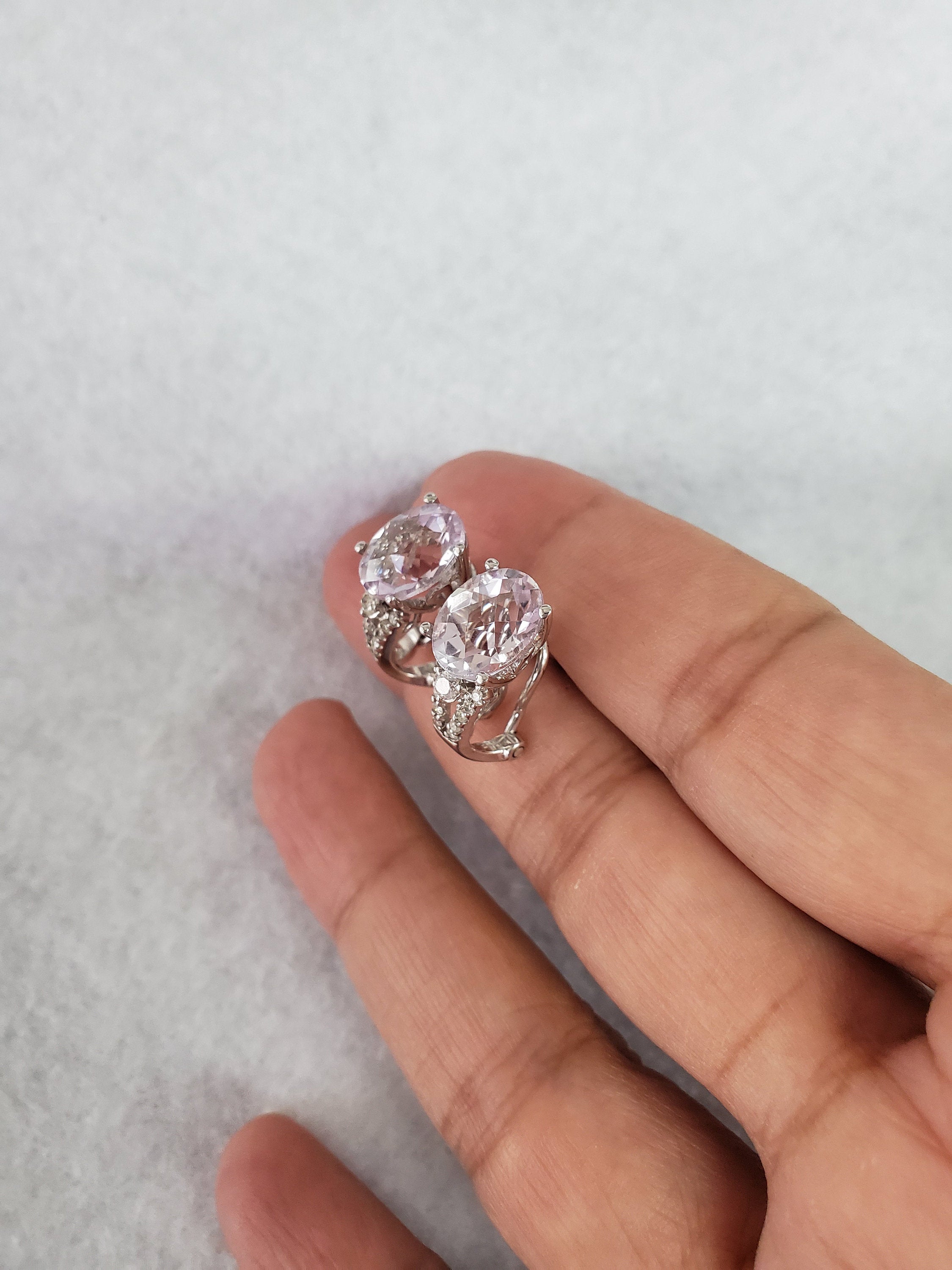14K White Gold Oval Amethyst Diamond Earrings .43cttw - Elegant Purple Gemstone Jewelry for Women, Perfect for Weddings, Parties & Special Occasions