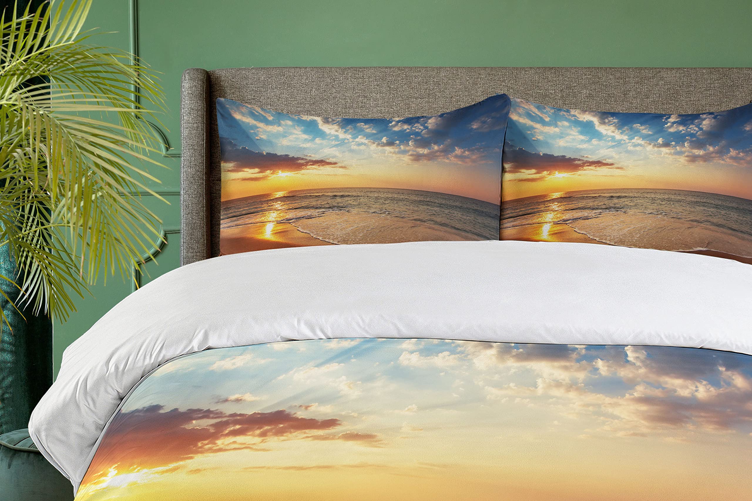 Ambesonne Ocean Duvet Cover Set - California King 3 Piece Bedding with 2 Pillow Shams, Blue Yellow Brown Cloudscape Design for Coastal & Beach Themed Bedrooms | Perfect for Honeymoon Travel Inspired Decor, Sunrise Panoramic Home Decor