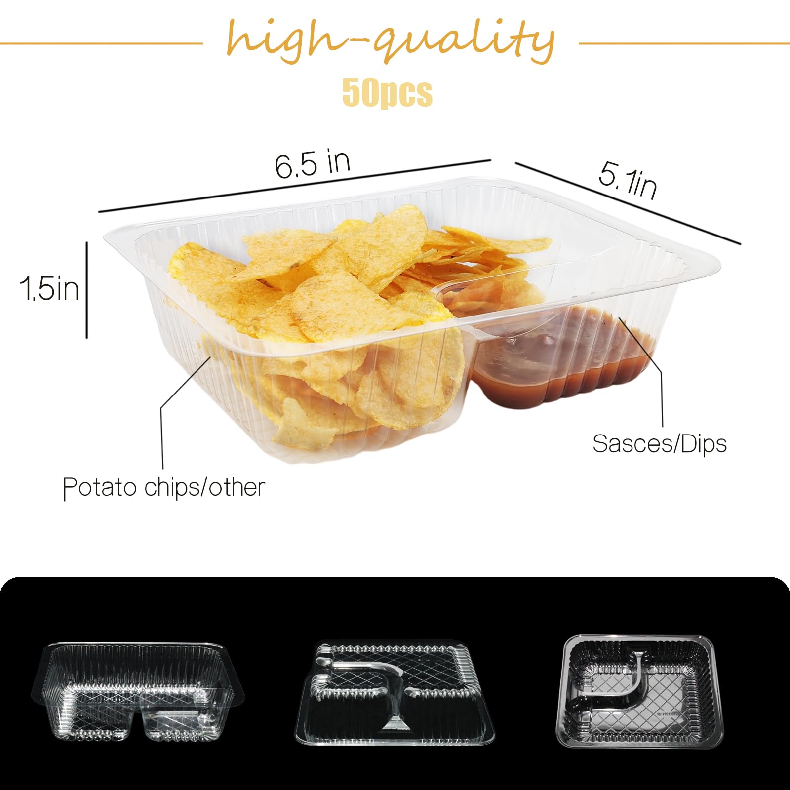 50-Pack Disposable 12oz Plastic Nacho Trays with Chip & Dip Compartments - 6x5 Inch Clear Snack Containers for Parties, Movie Nights, Kids Snacks & Game Day Gatherings (50 Count)