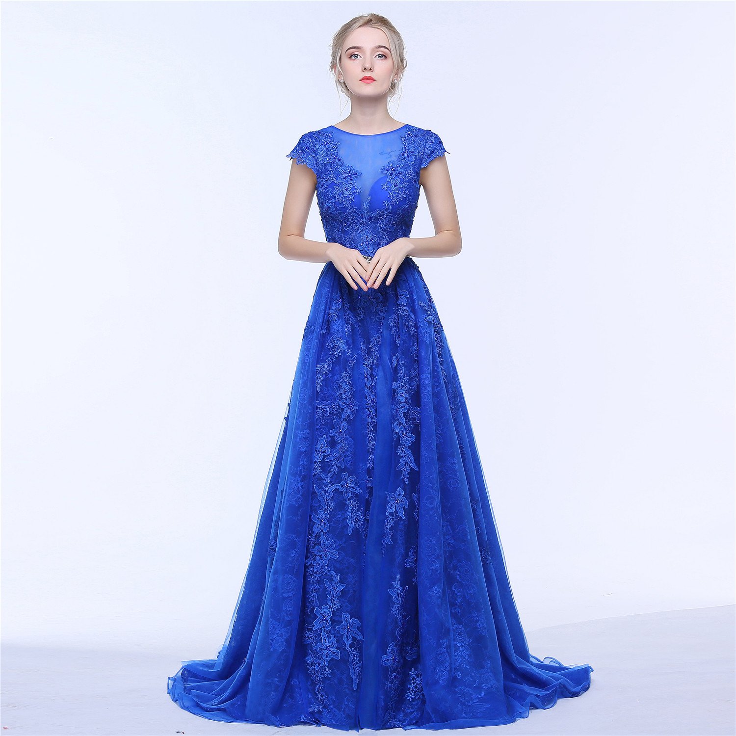 Elegant Blue Homecoming Dress with Lace Applique, Short Sleeve A-Line Long Dress for Prom, Formal Events & Special Occasions