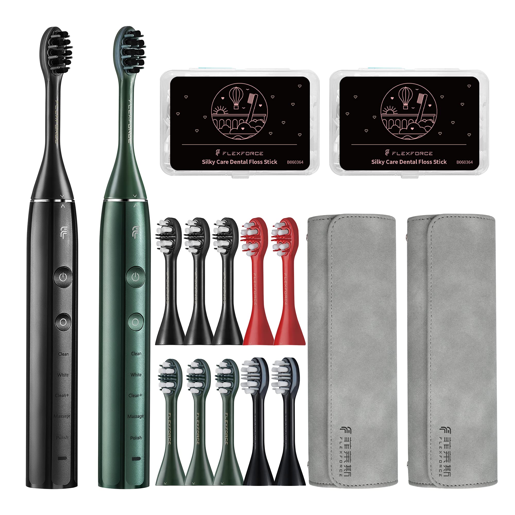 Electric Toothbrush for Adults - 5 Cleaning Modes with 2-Minute Timer, Includes 12 Replacement Brush Heads (Gray/Green/Red/Black) & 2 Dental Floss - Perfect for Travel & Daily Oral Care