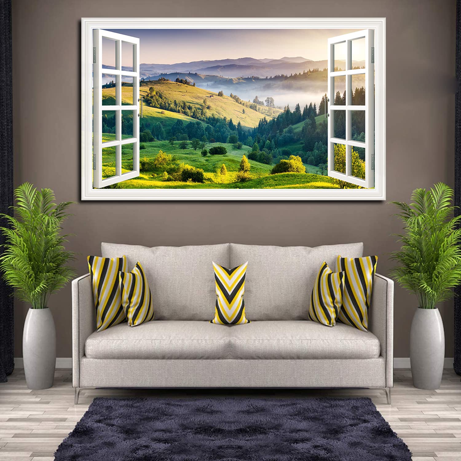 Green Hills Landscape Canvas Art - Fake Open Window Wall Decor with Mountain View Painting for Living Room, Office, Bedroom - Ready to Hang - Perfect for Home & Office Decoration